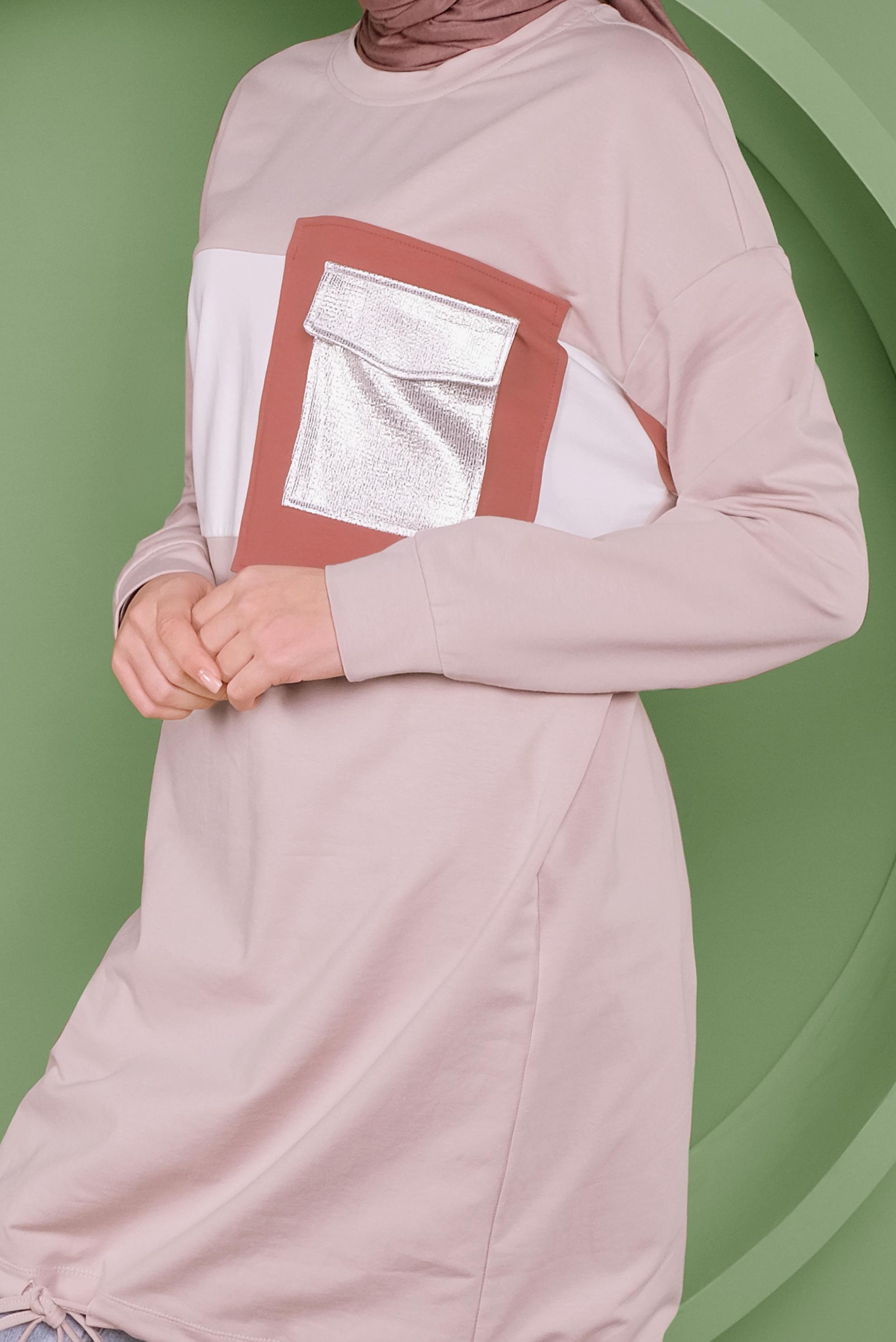 Tesettür giyim PUDRA ETEK UCU BAĞCIKLI EŞOFMAN TUNİK 41361	