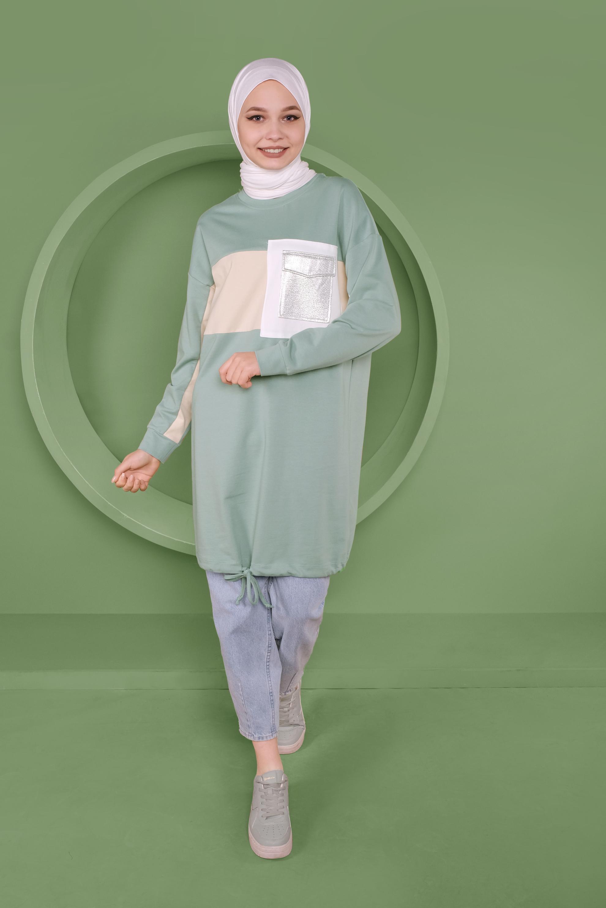 Tesettür giyim YEŞİL ETEK UCU BAĞCIKLI EŞOFMAN TUNİK 41361	