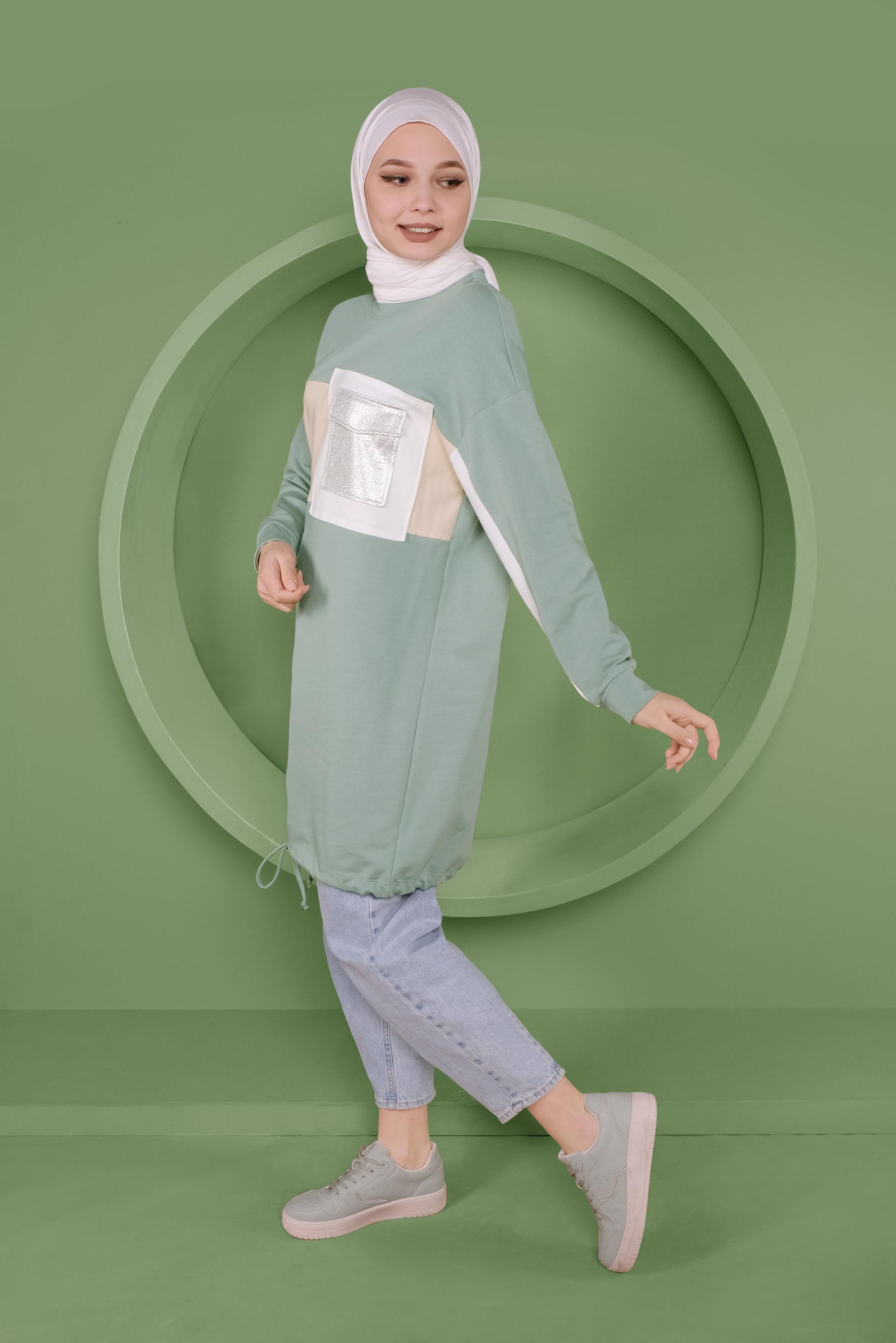 Tesettür giyim YEŞİL ETEK UCU BAĞCIKLI EŞOFMAN TUNİK 41361	