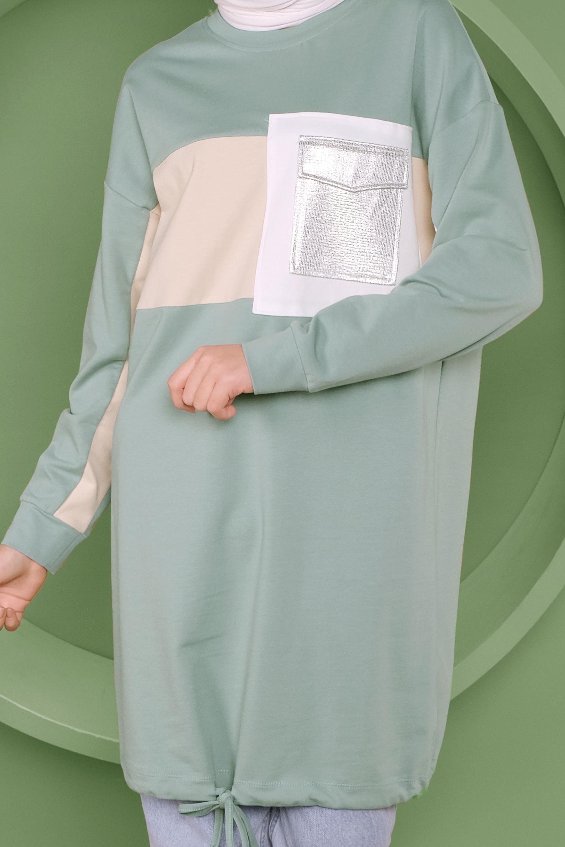 Tesettür giyim YEŞİL ETEK UCU BAĞCIKLI EŞOFMAN TUNİK 41361	