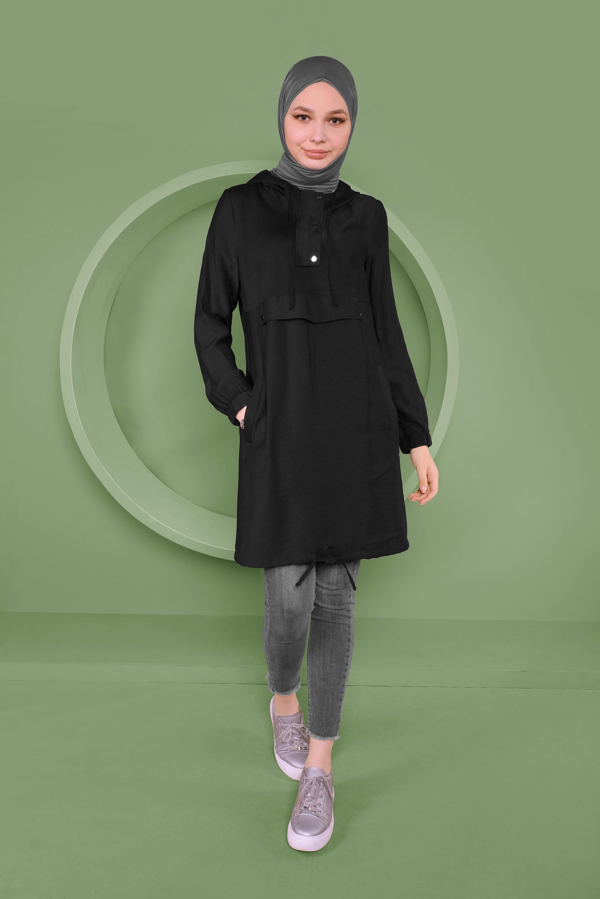 Tesettür giyim SİYAH ÇITÇIT DETAYLI ETEK UCU BÜZGÜLÜ EŞOFMAN TUNİK 41363