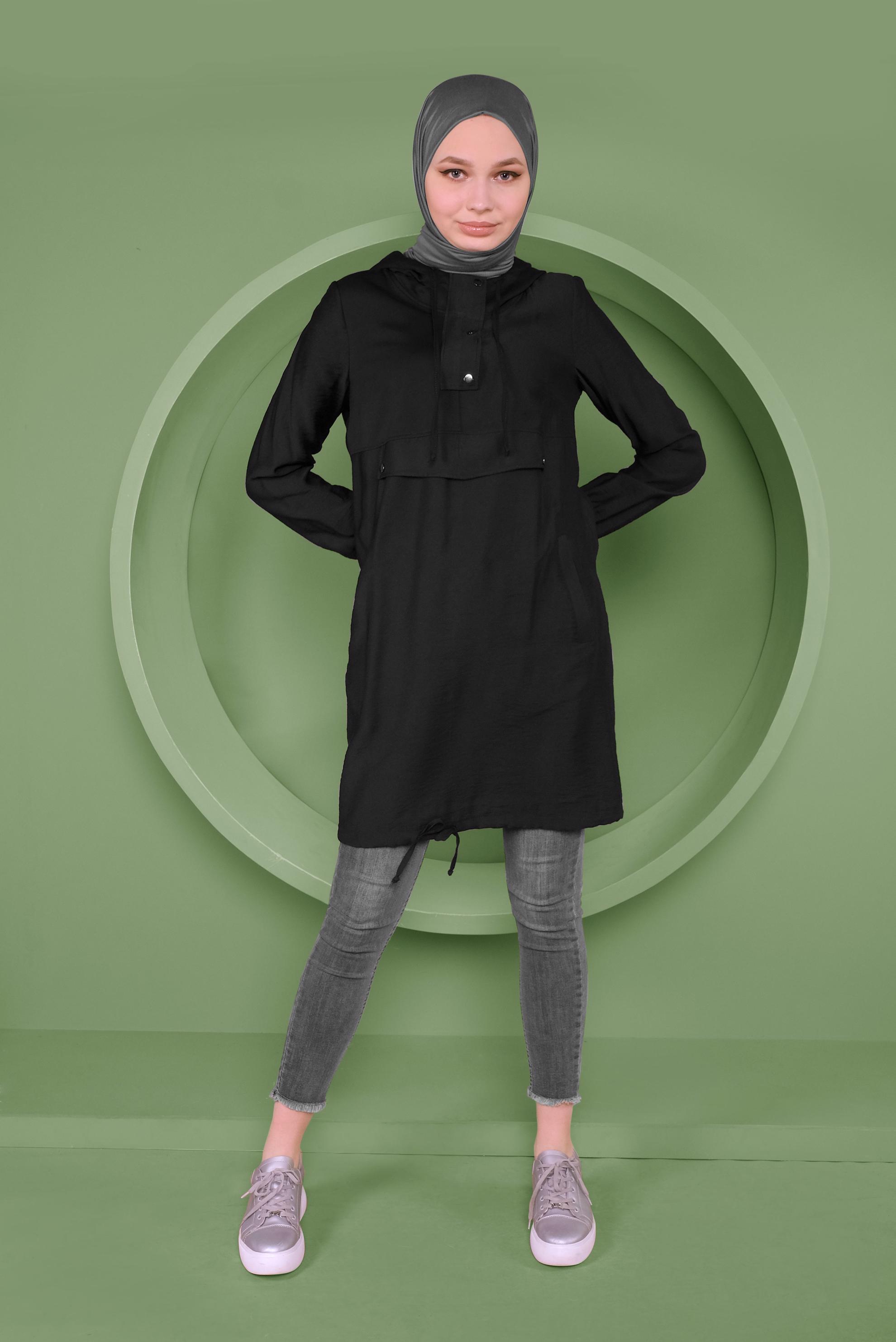 Tesettür giyim SİYAH ÇITÇIT DETAYLI ETEK UCU BÜZGÜLÜ EŞOFMAN TUNİK 41363