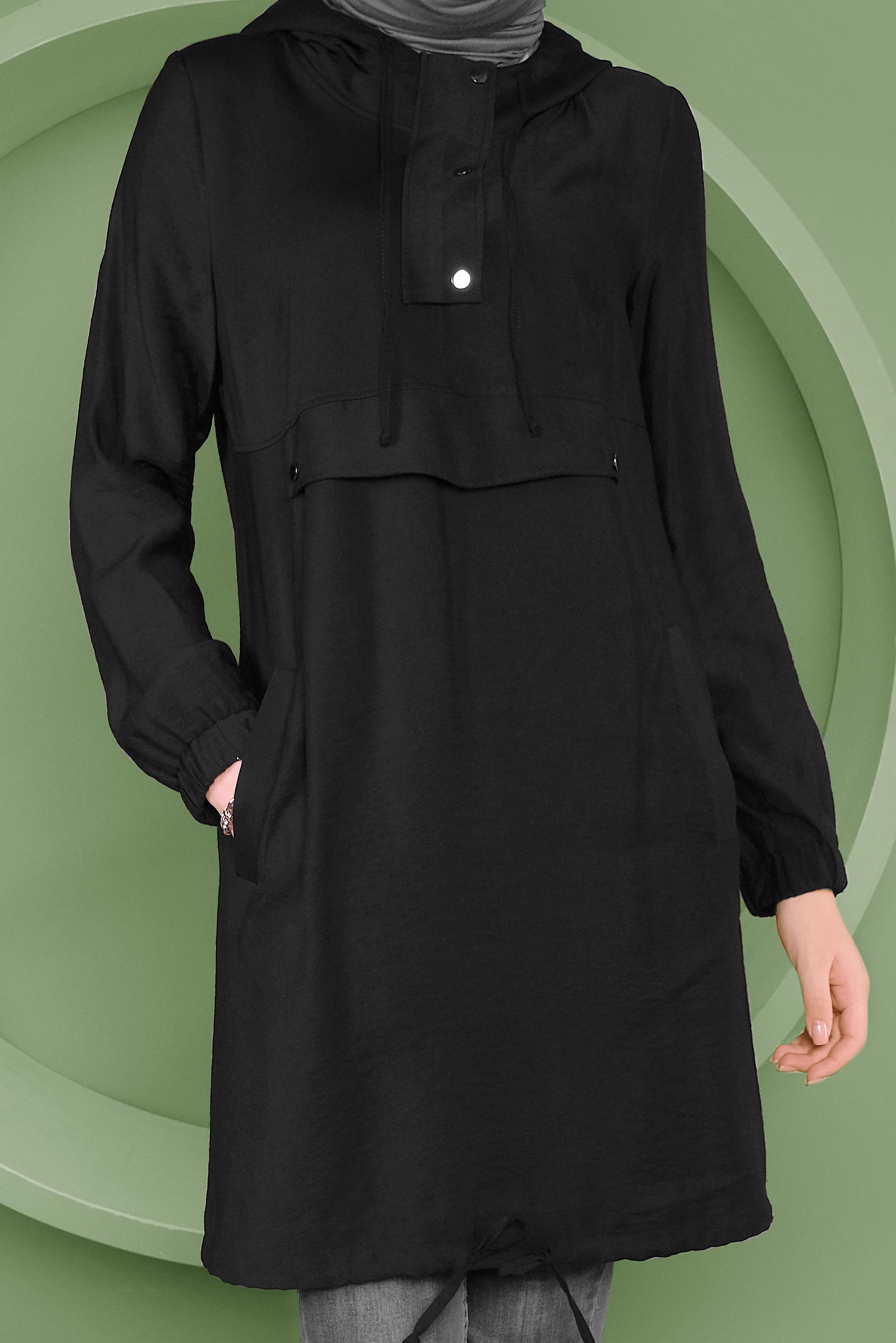 Tesettür giyim SİYAH ÇITÇIT DETAYLI ETEK UCU BÜZGÜLÜ EŞOFMAN TUNİK 41363