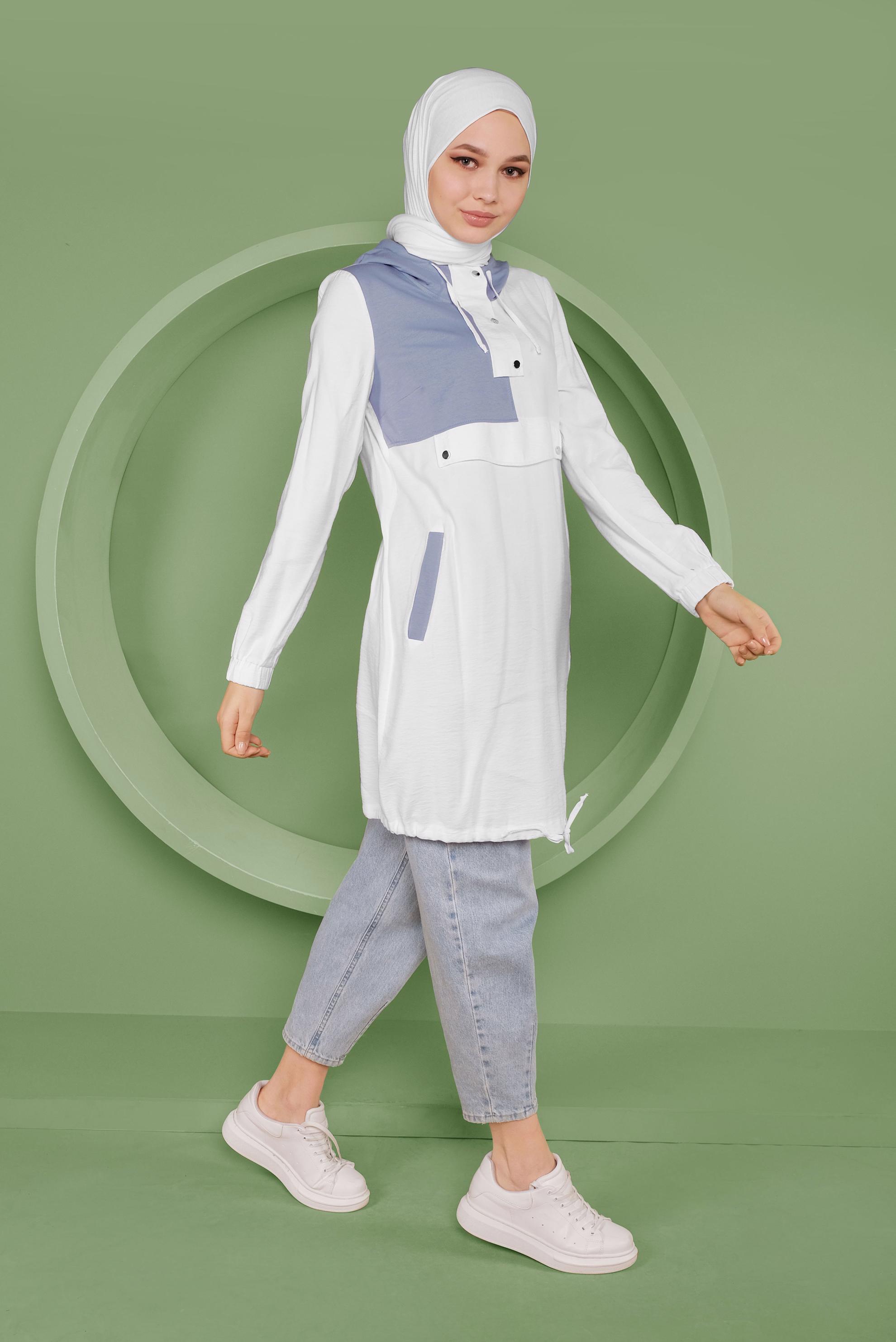 Tesettür giyim BEYAZ ÇITÇIT DETAYLI ETEK UCU BÜZGÜLÜ EŞOFMAN TUNİK 41363