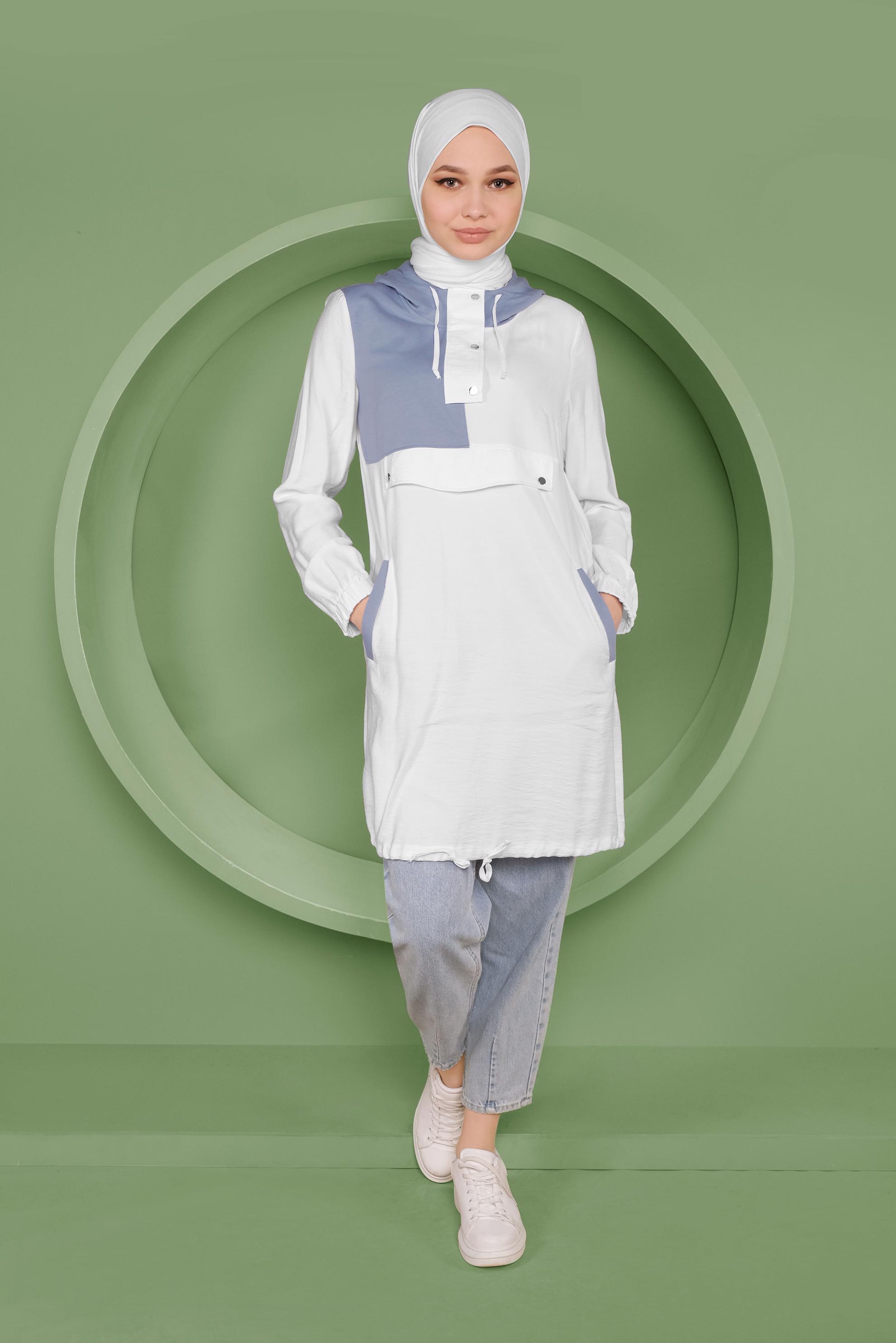 Tesettür giyim BEYAZ ÇITÇIT DETAYLI ETEK UCU BÜZGÜLÜ EŞOFMAN TUNİK 41363