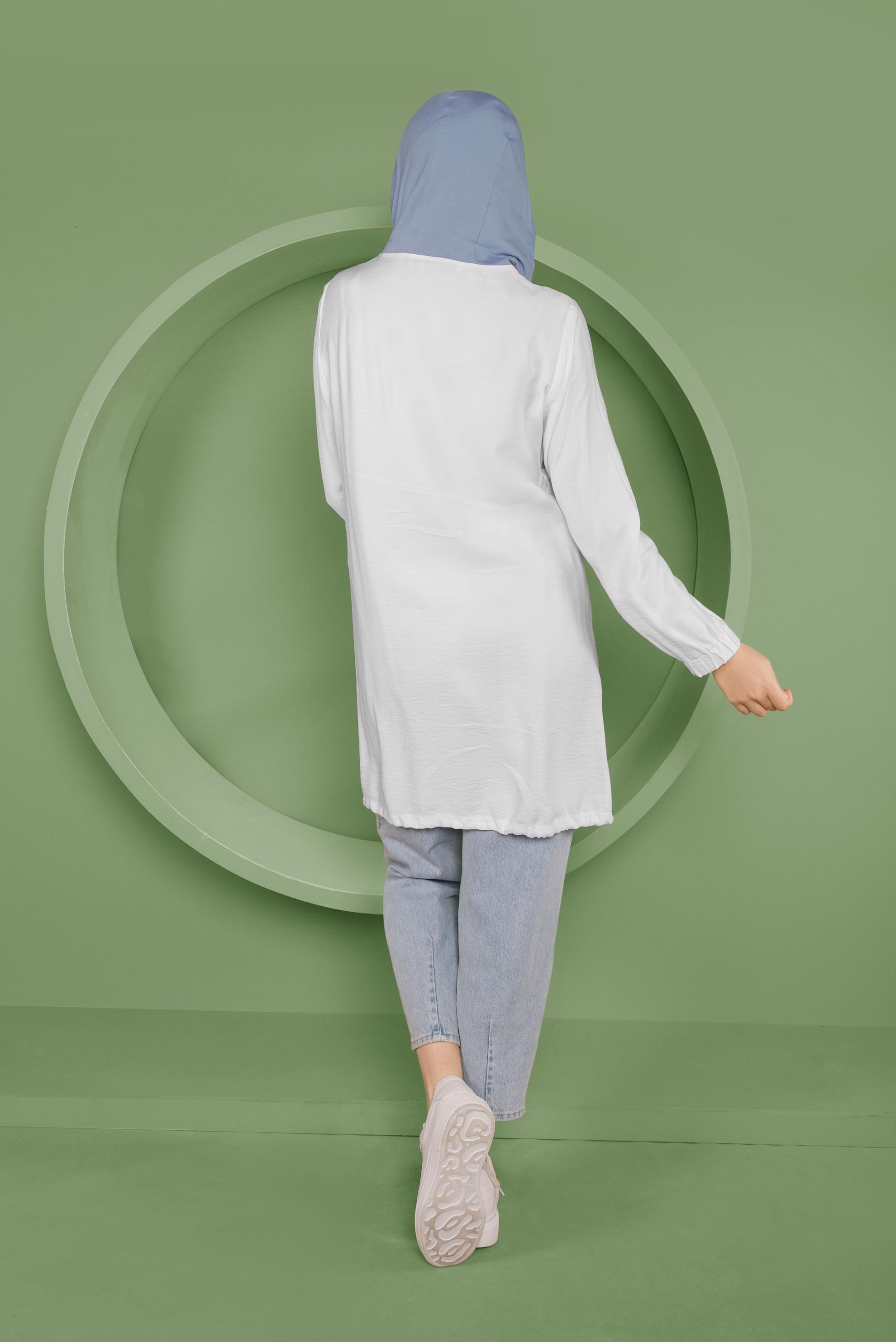 Tesettür giyim BEYAZ ÇITÇIT DETAYLI ETEK UCU BÜZGÜLÜ EŞOFMAN TUNİK 41363