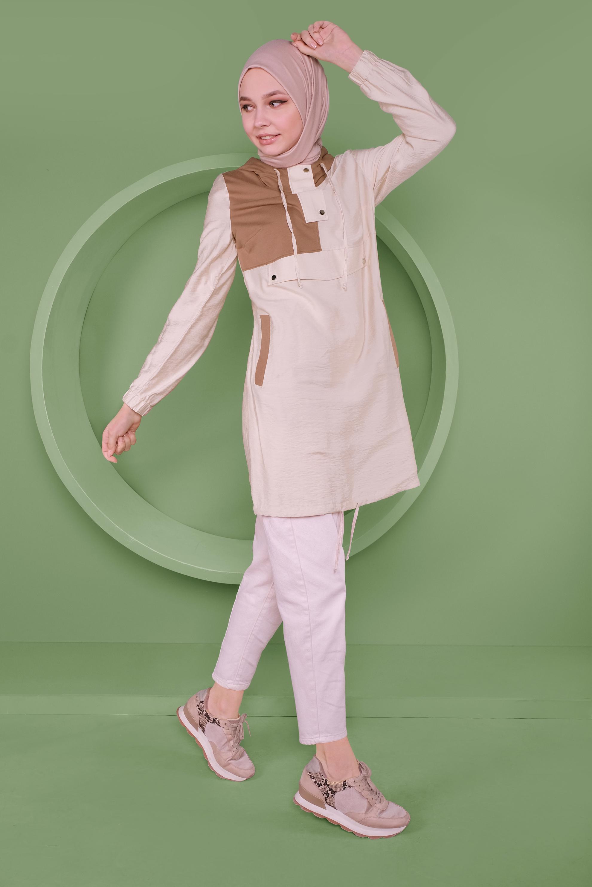 Tesettür giyim BEJ ÇITÇIT DETAYLI ETEK UCU BÜZGÜLÜ EŞOFMAN TUNİK 41363