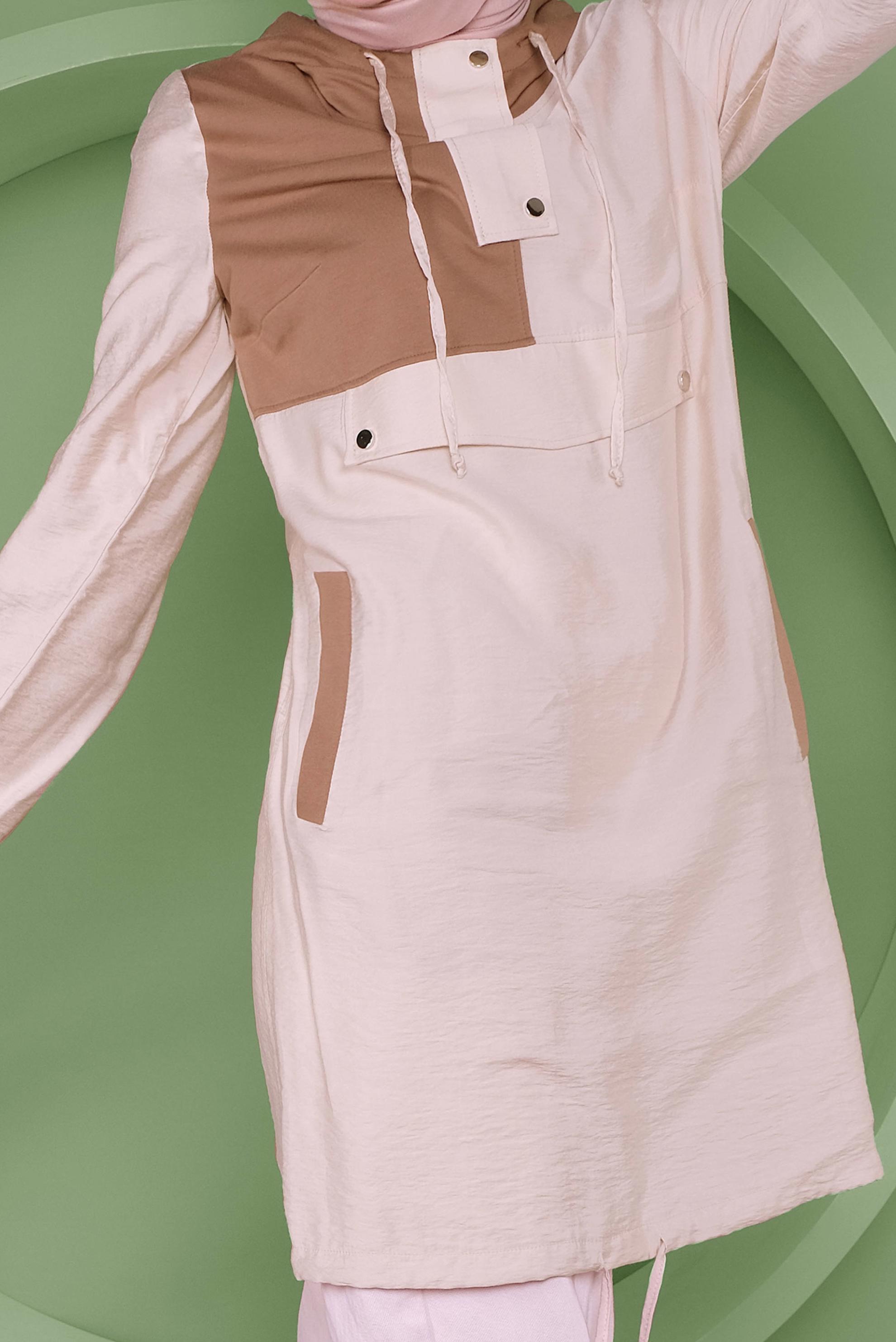 Tesettür giyim BEJ ÇITÇIT DETAYLI ETEK UCU BÜZGÜLÜ EŞOFMAN TUNİK 41363