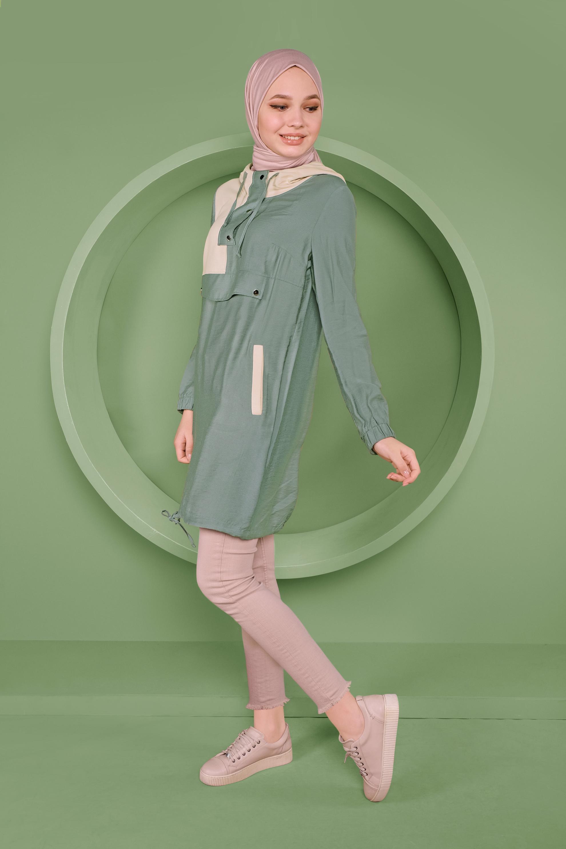 Tesettür giyim YEŞİL ÇITÇIT DETAYLI ETEK UCU BÜZGÜLÜ EŞOFMAN TUNİK 41363