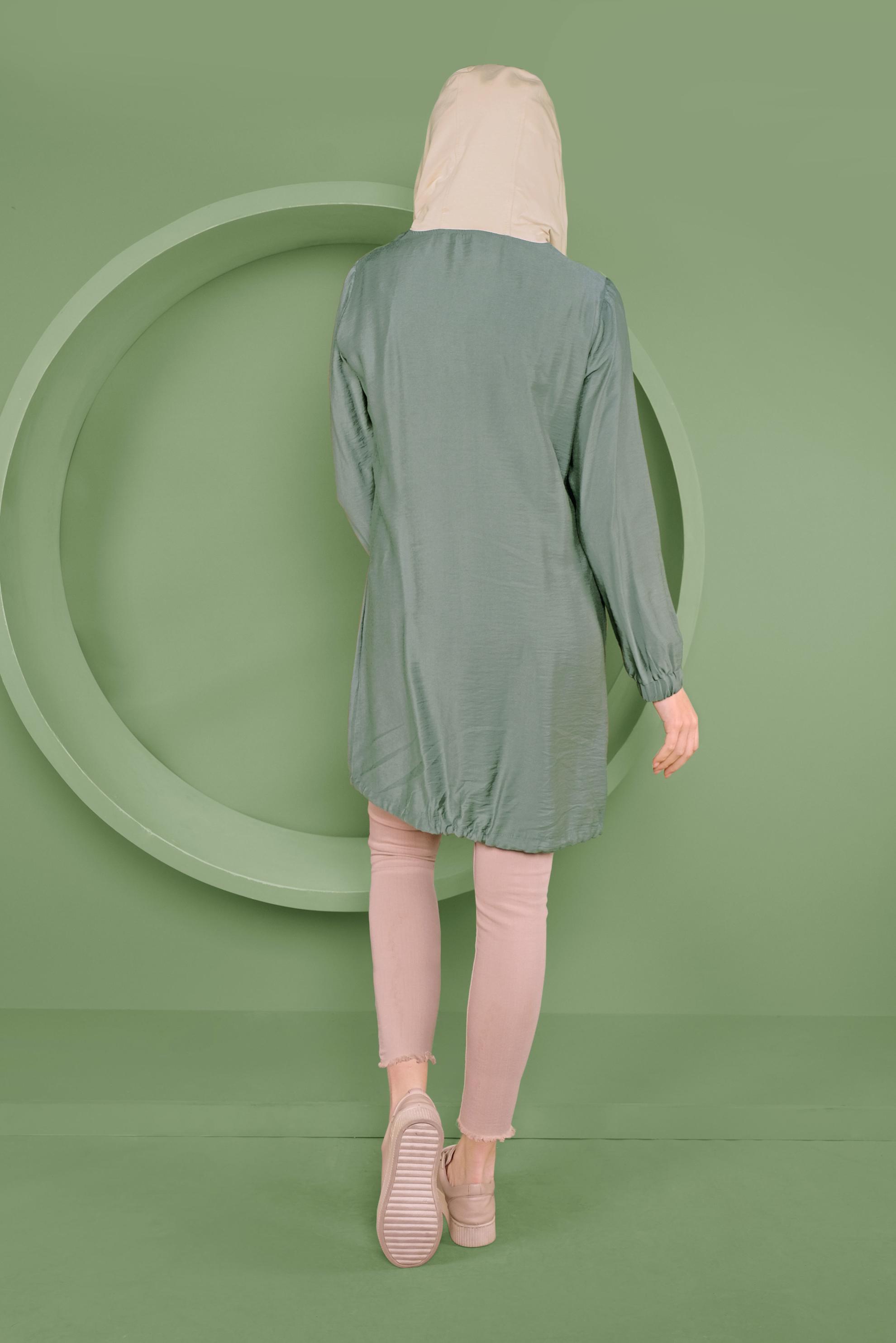 Tesettür giyim YEŞİL ÇITÇIT DETAYLI ETEK UCU BÜZGÜLÜ EŞOFMAN TUNİK 41363