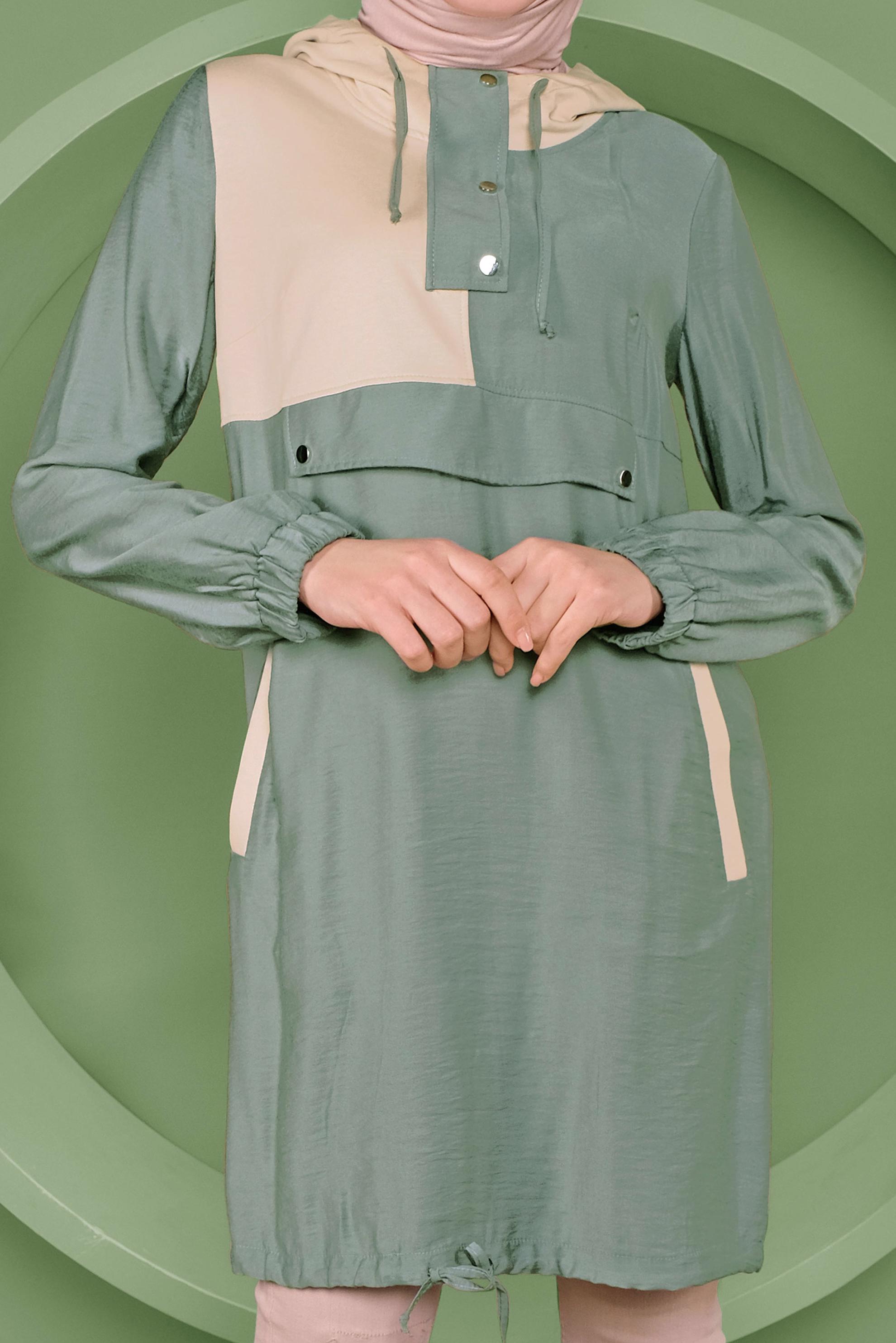 Tesettür giyim YEŞİL ÇITÇIT DETAYLI ETEK UCU BÜZGÜLÜ EŞOFMAN TUNİK 41363