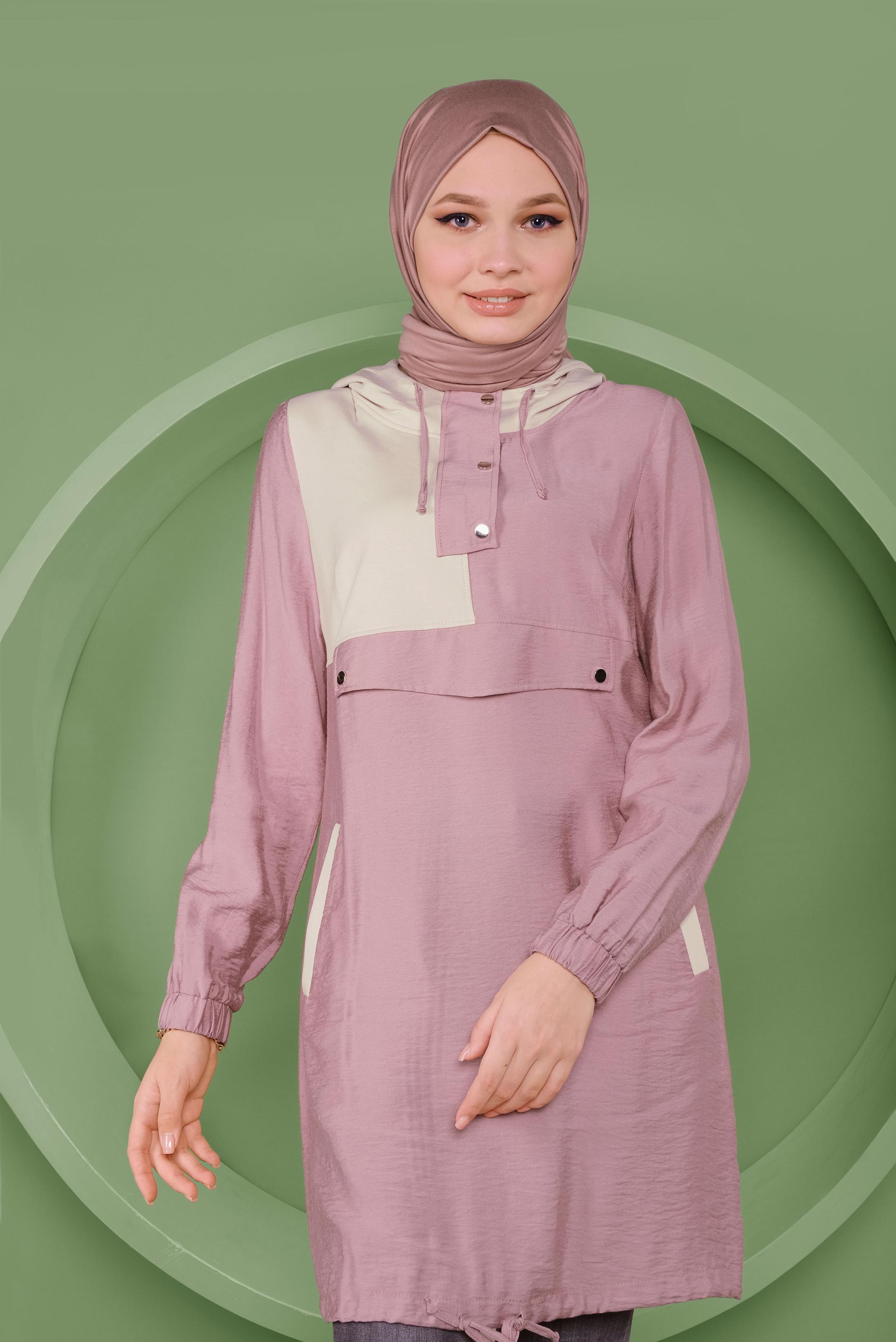 Tesettür giyim PEMBE ÇITÇIT DETAYLI ETEK UCU BÜZGÜLÜ EŞOFMAN TUNİK 41363
