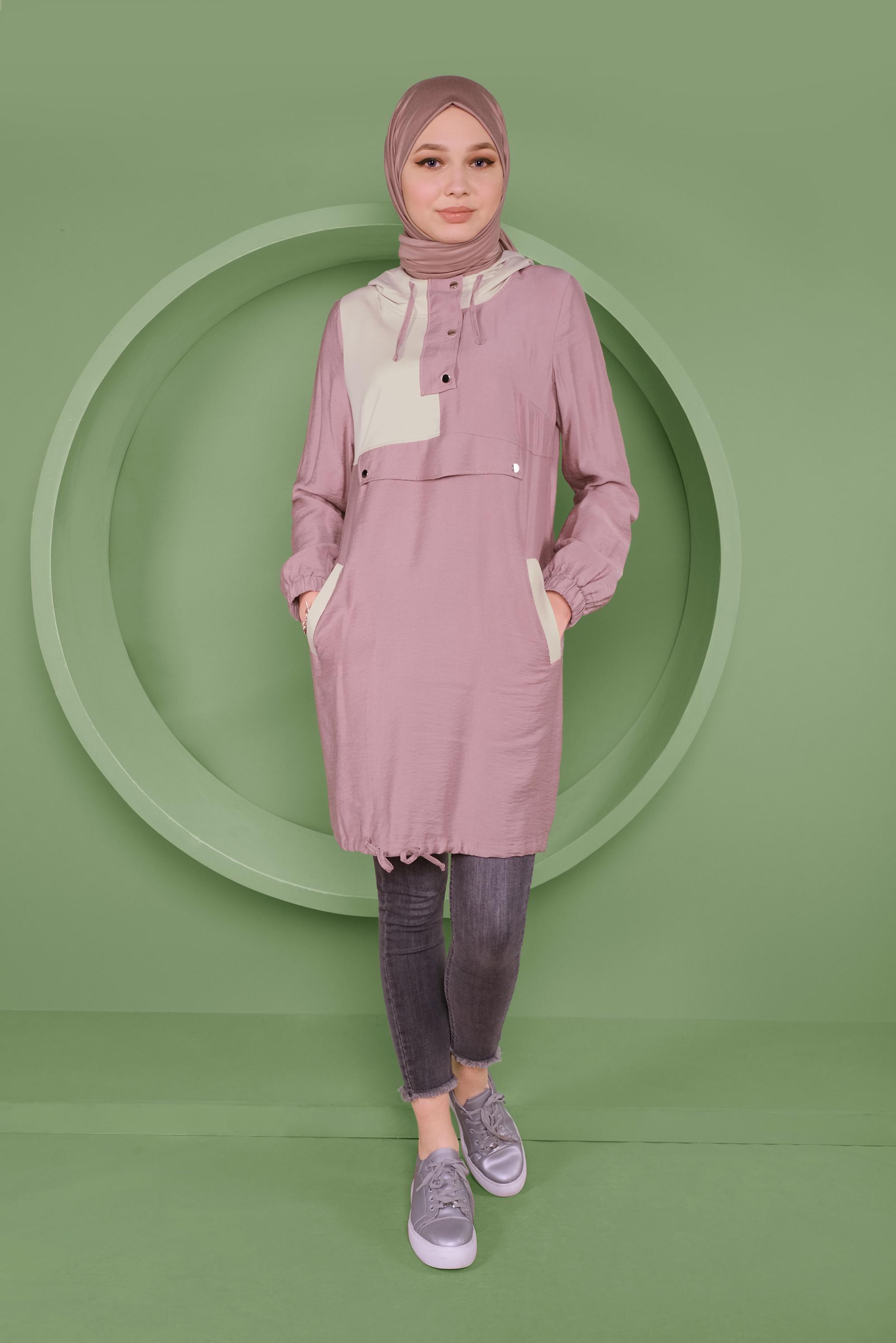 Tesettür giyim PEMBE ÇITÇIT DETAYLI ETEK UCU BÜZGÜLÜ EŞOFMAN TUNİK 41363