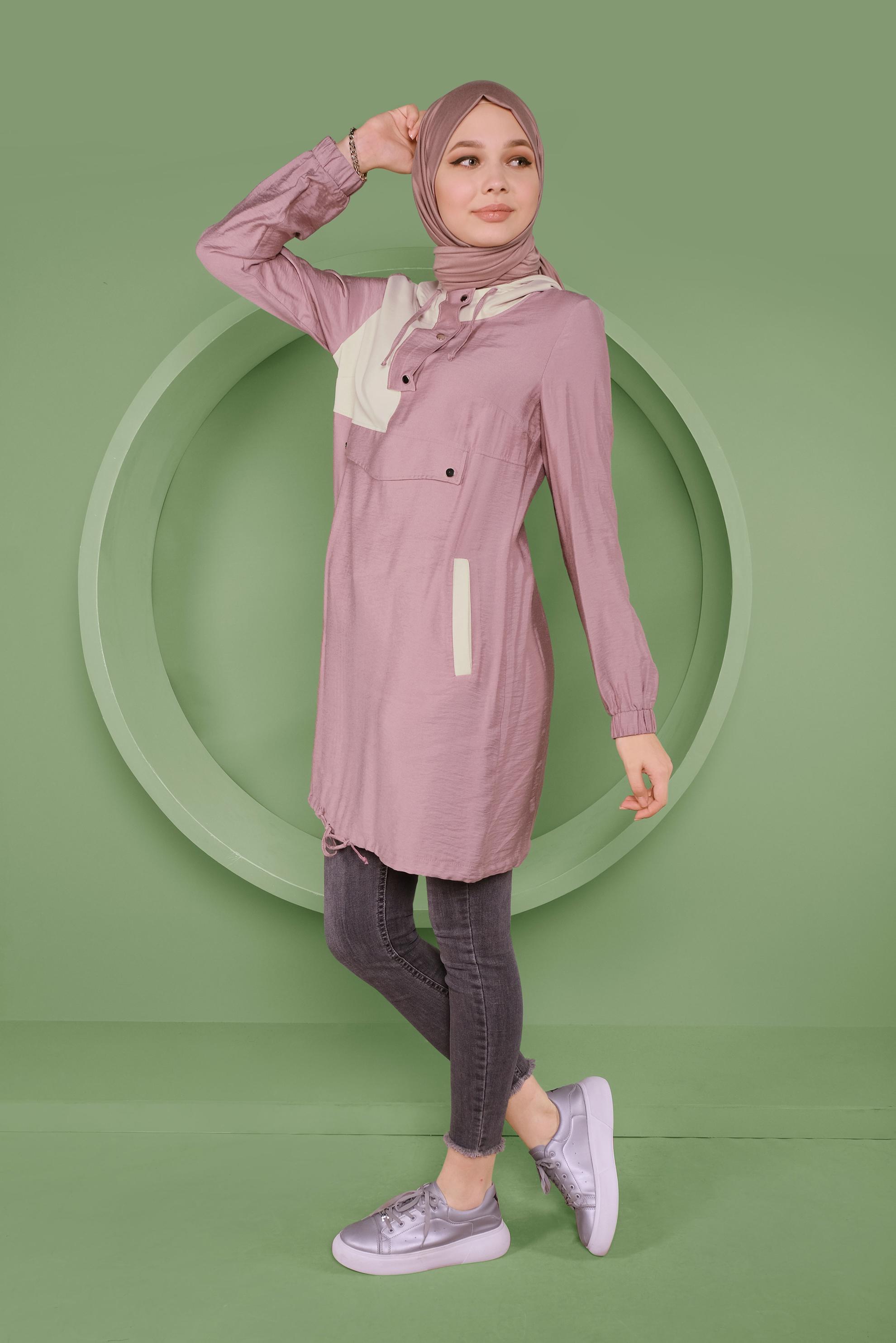 Tesettür giyim PEMBE ÇITÇIT DETAYLI ETEK UCU BÜZGÜLÜ EŞOFMAN TUNİK 41363