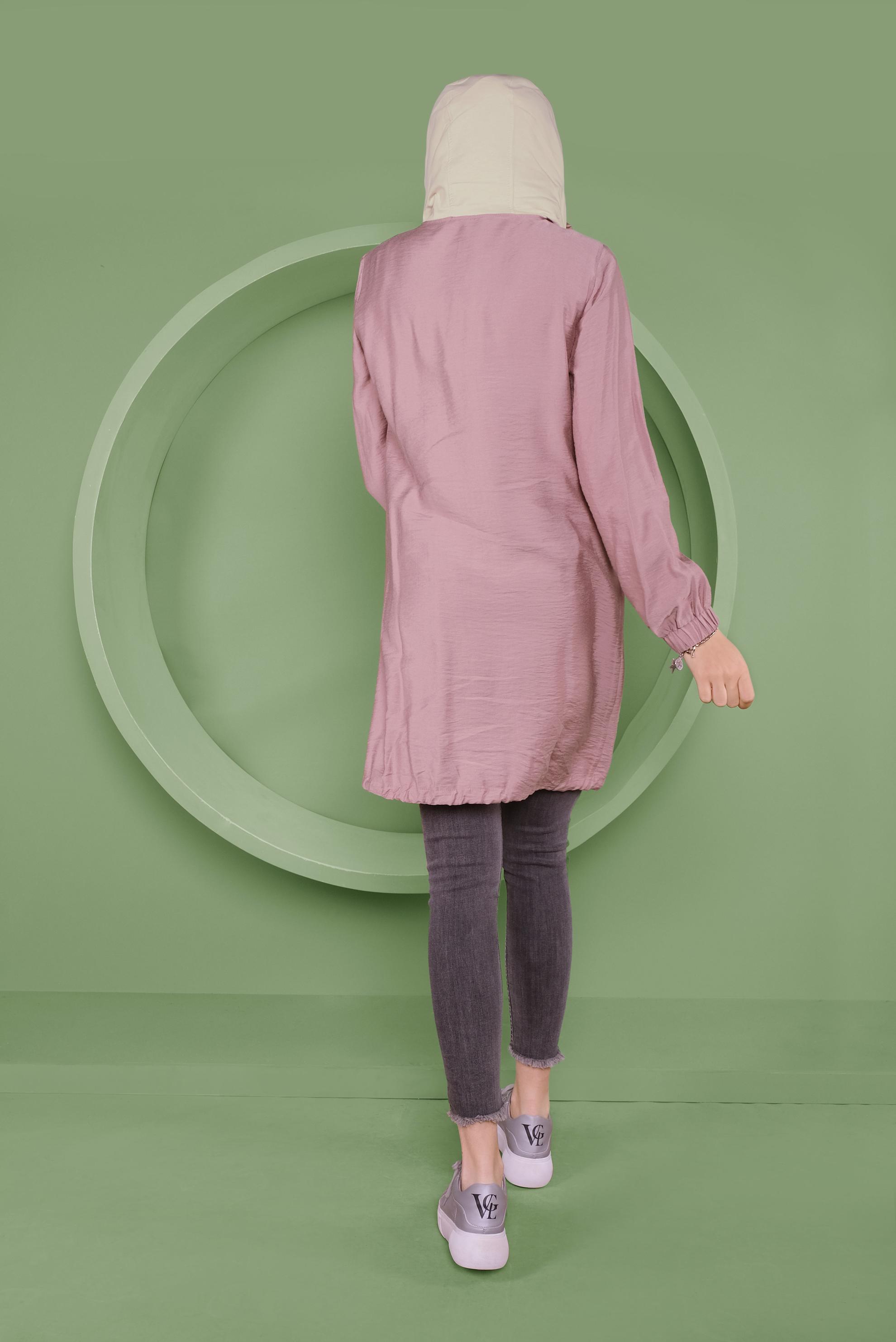 Tesettür giyim PEMBE ÇITÇIT DETAYLI ETEK UCU BÜZGÜLÜ EŞOFMAN TUNİK 41363