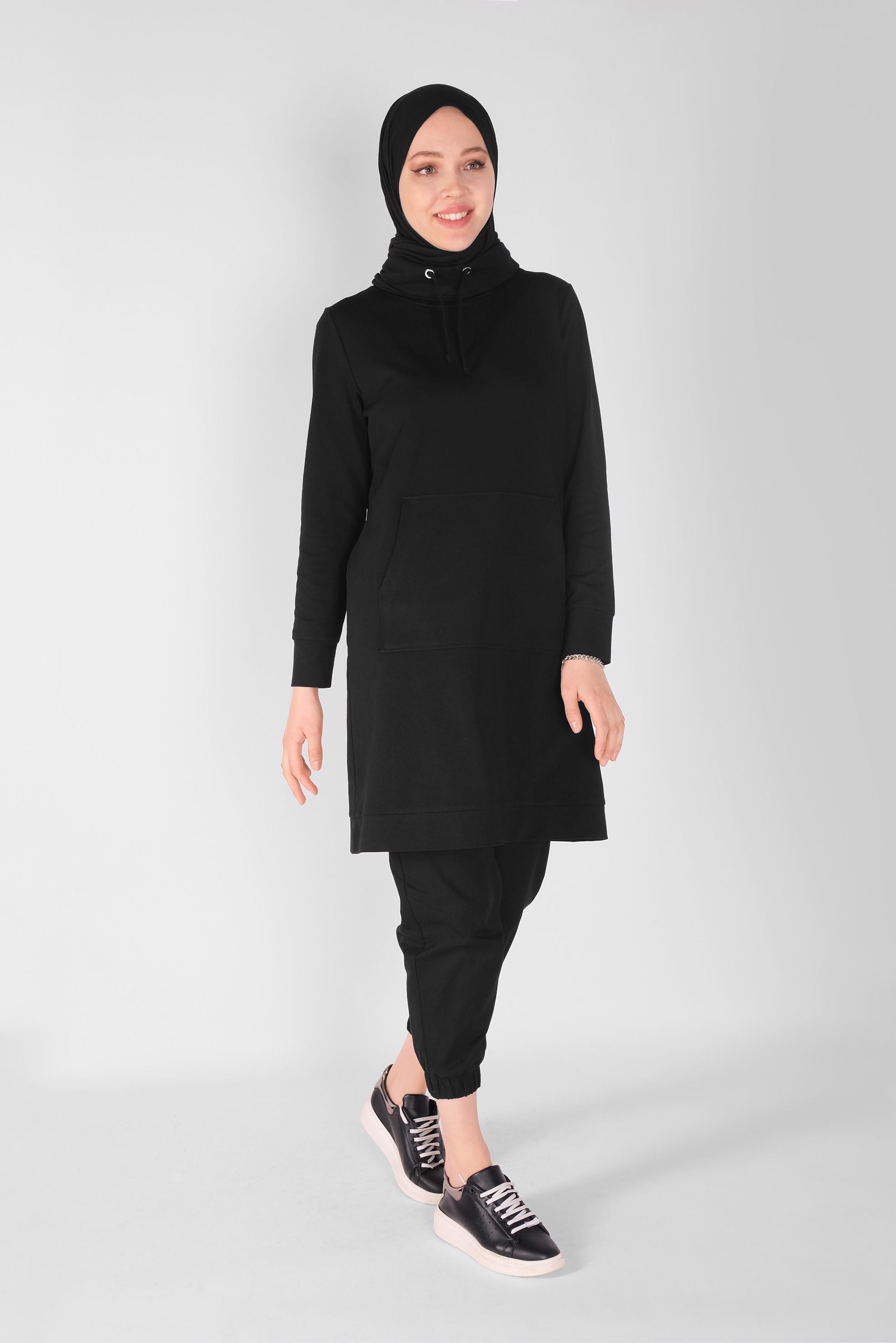 Tesettür giyim SİYAH BAĞCIK DETAYLI YAKALI CEPLİ EŞOFMAN TUNİK 41364