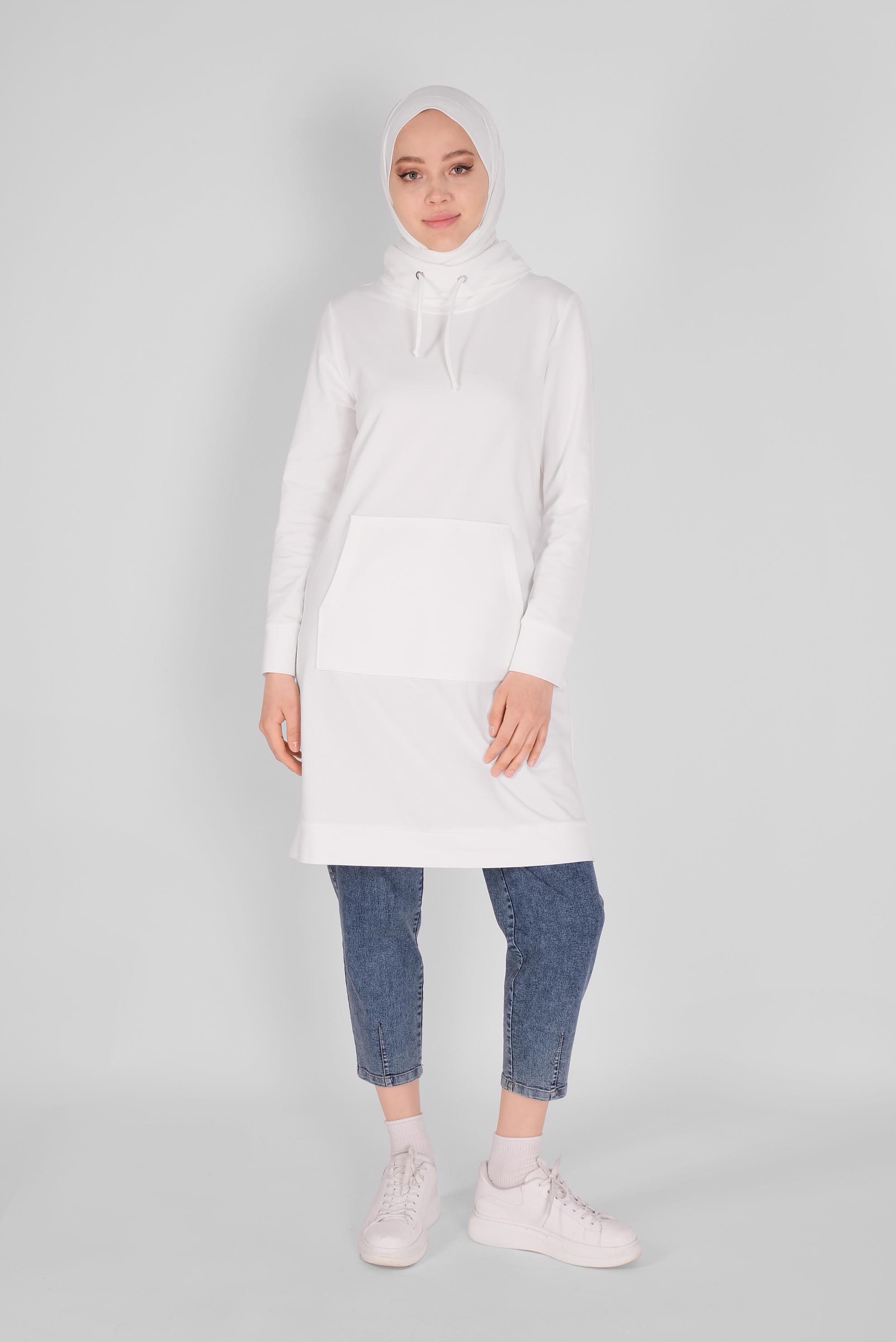 Tesettür giyim BEYAZ BAĞCIK DETAYLI YAKALI CEPLİ EŞOFMAN TUNİK 41364