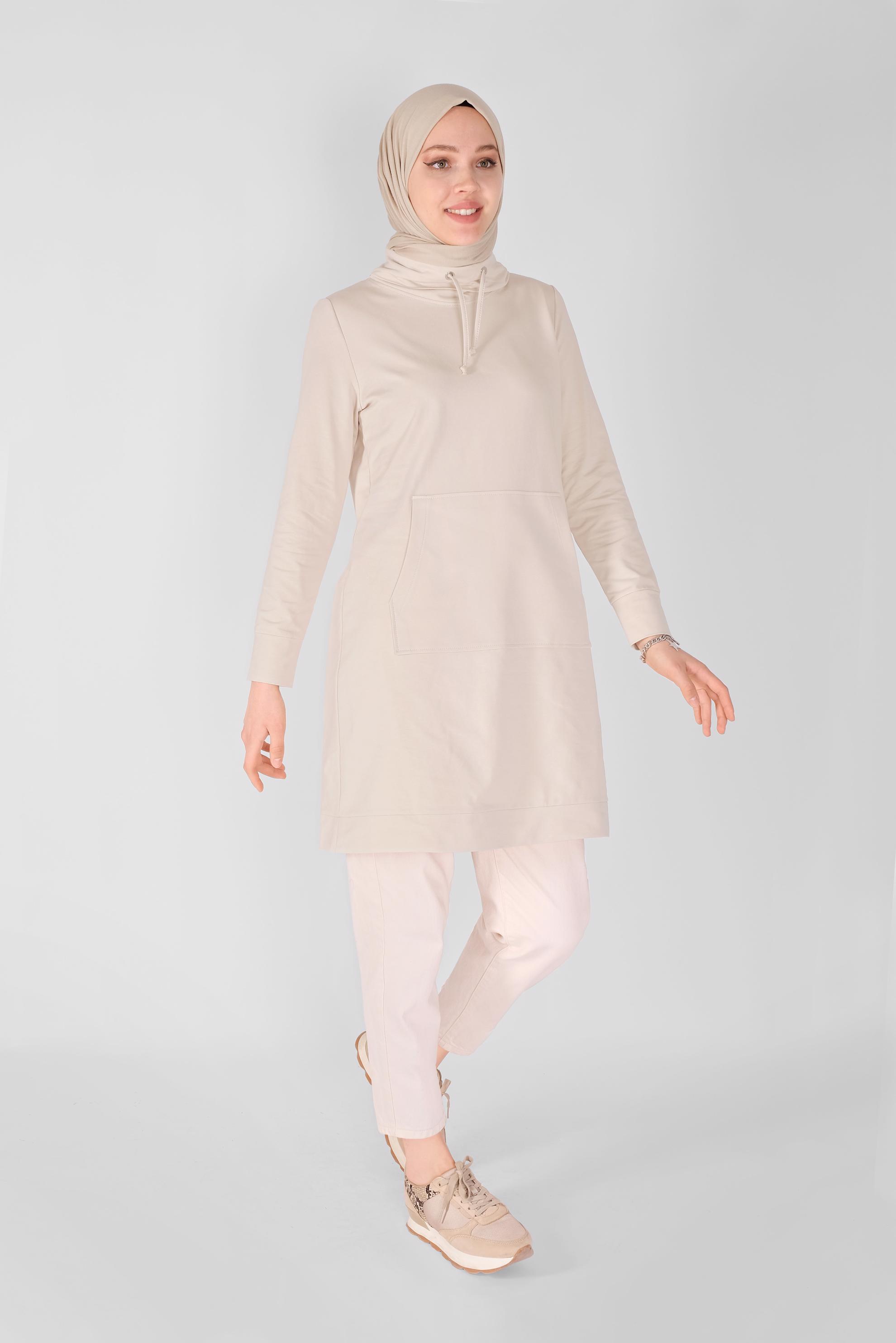 Tesettür giyim BEJ BAĞCIK DETAYLI YAKALI CEPLİ EŞOFMAN TUNİK 41364