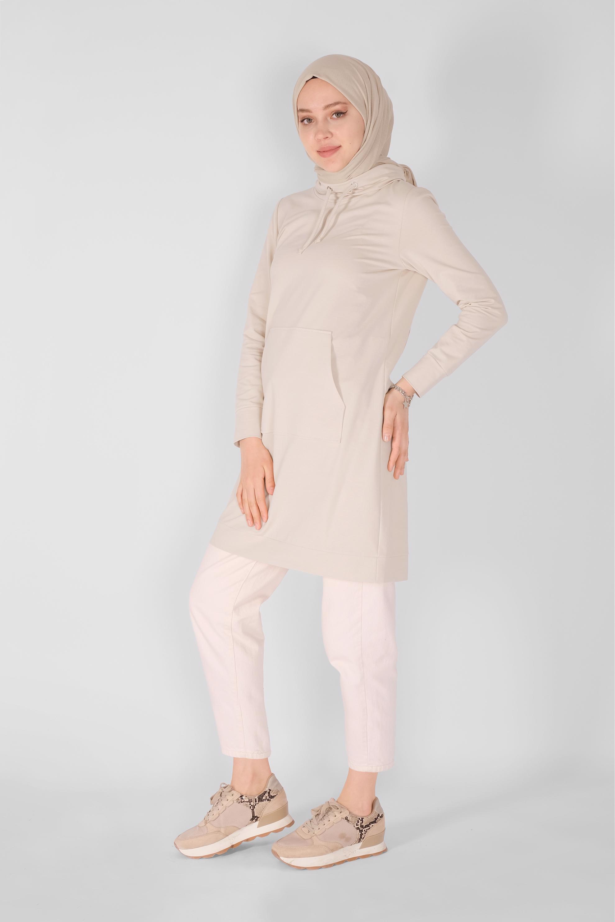 Tesettür giyim BEJ BAĞCIK DETAYLI YAKALI CEPLİ EŞOFMAN TUNİK 41364