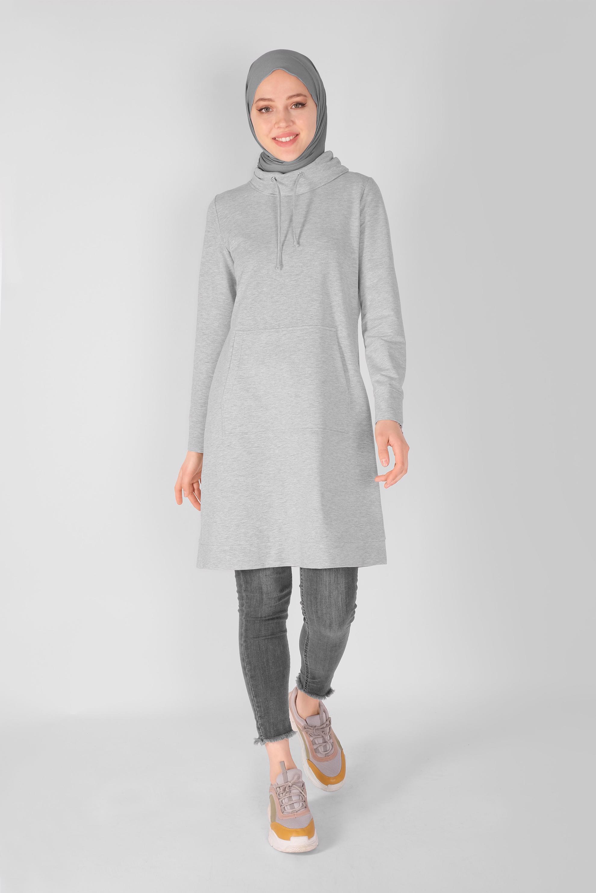 Tesettür giyim GRİ BAĞCIK DETAYLI YAKALI CEPLİ EŞOFMAN TUNİK 41364