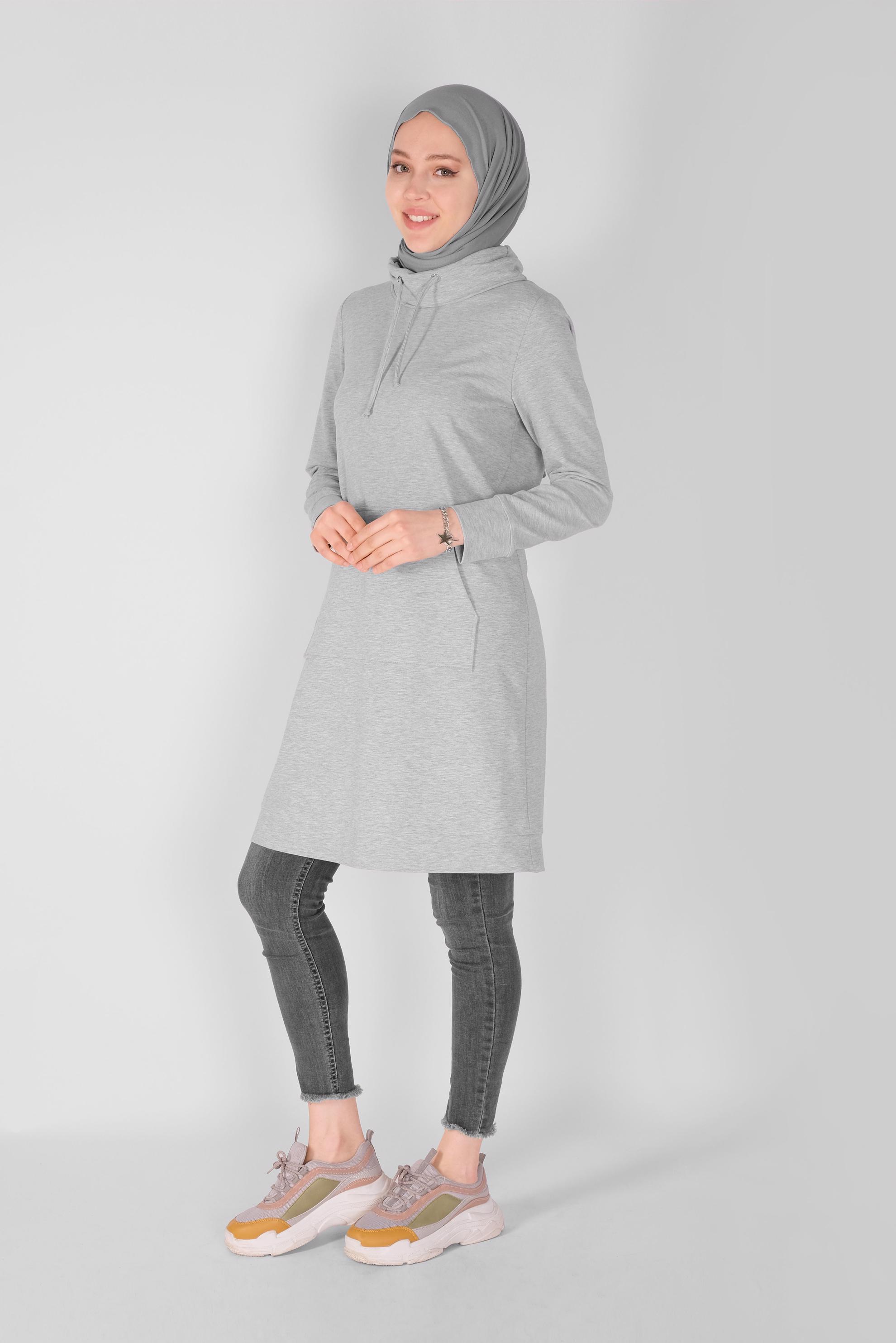 Tesettür giyim GRİ BAĞCIK DETAYLI YAKALI CEPLİ EŞOFMAN TUNİK 41364