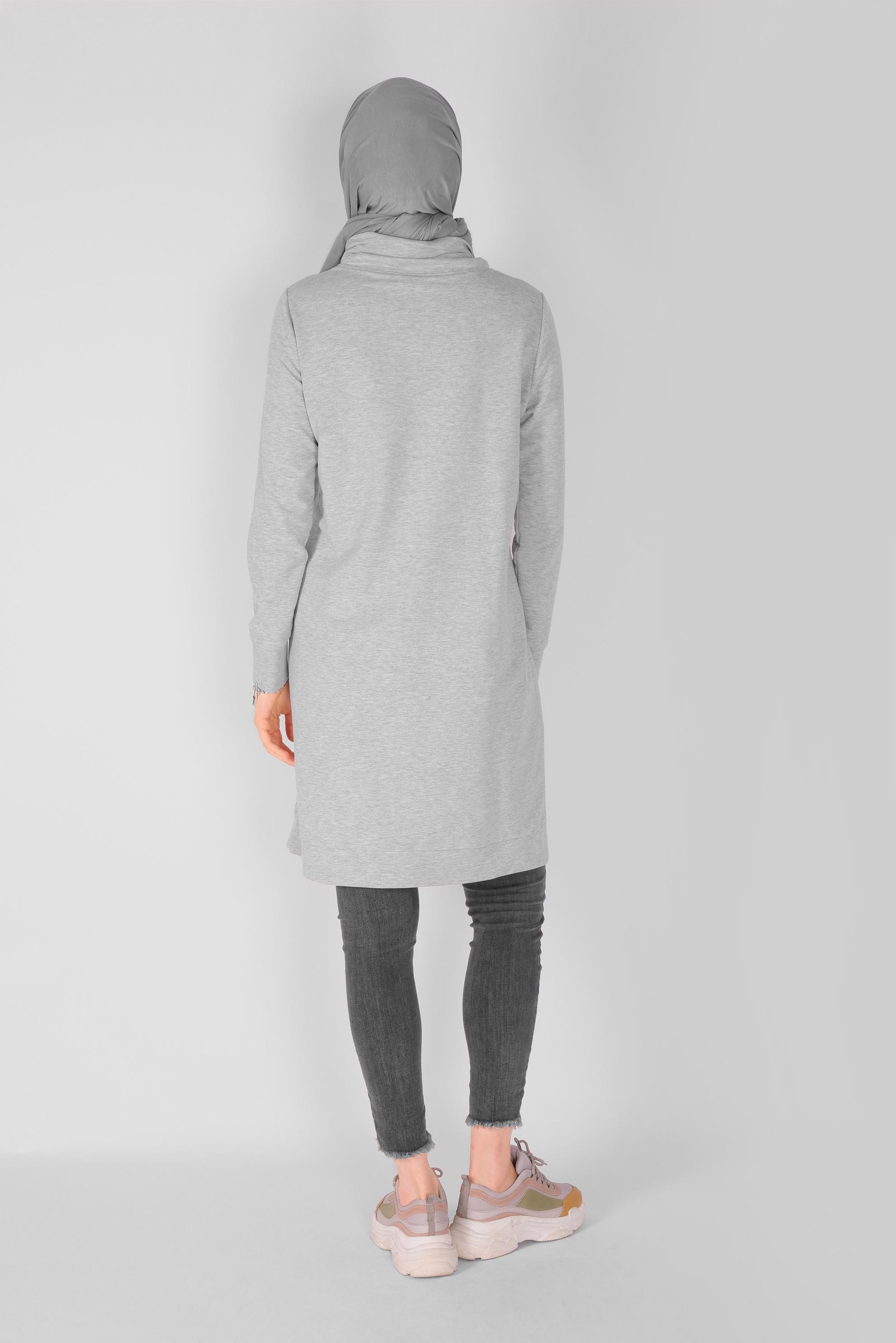 Tesettür giyim GRİ BAĞCIK DETAYLI YAKALI CEPLİ EŞOFMAN TUNİK 41364