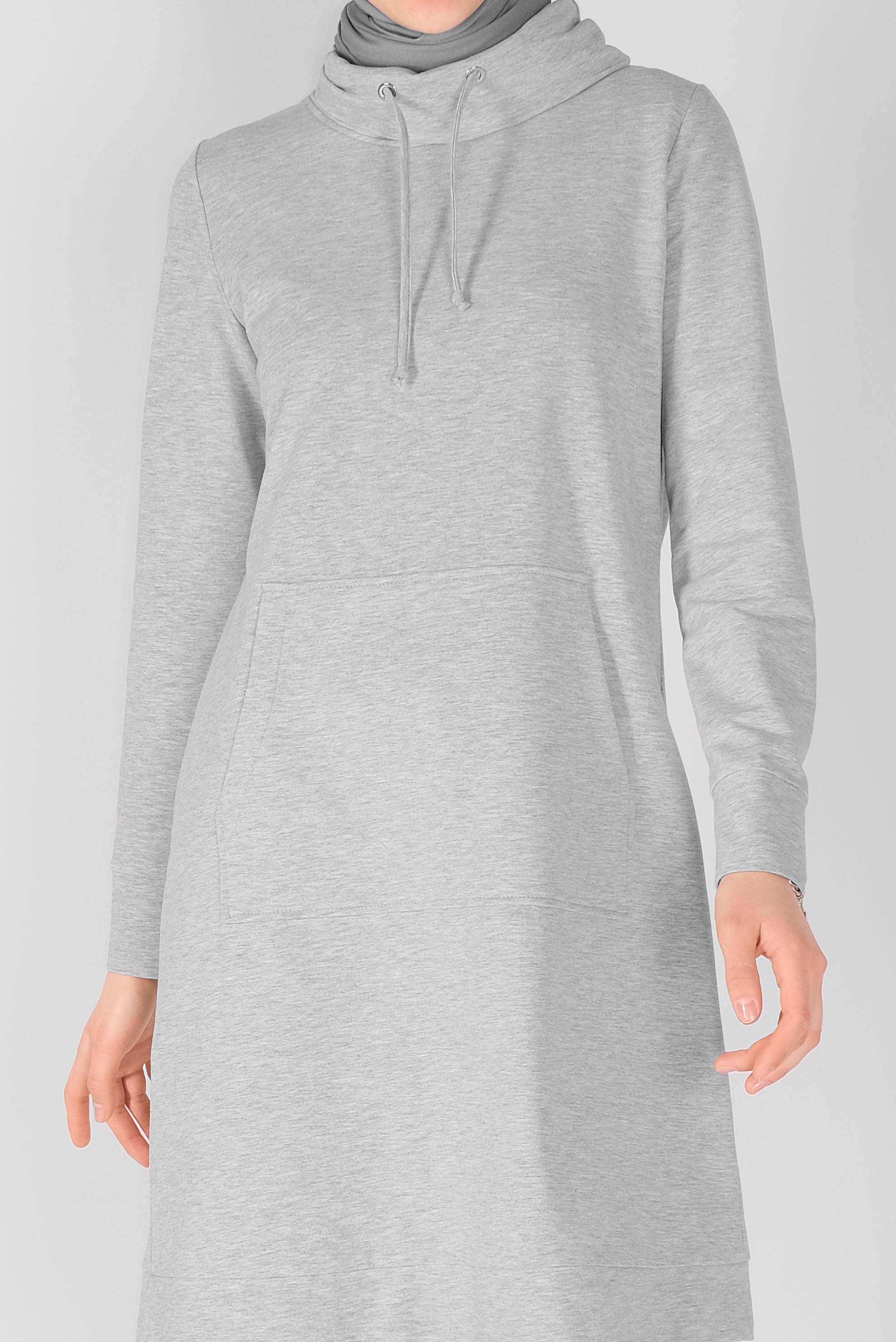 Tesettür giyim GRİ BAĞCIK DETAYLI YAKALI CEPLİ EŞOFMAN TUNİK 41364