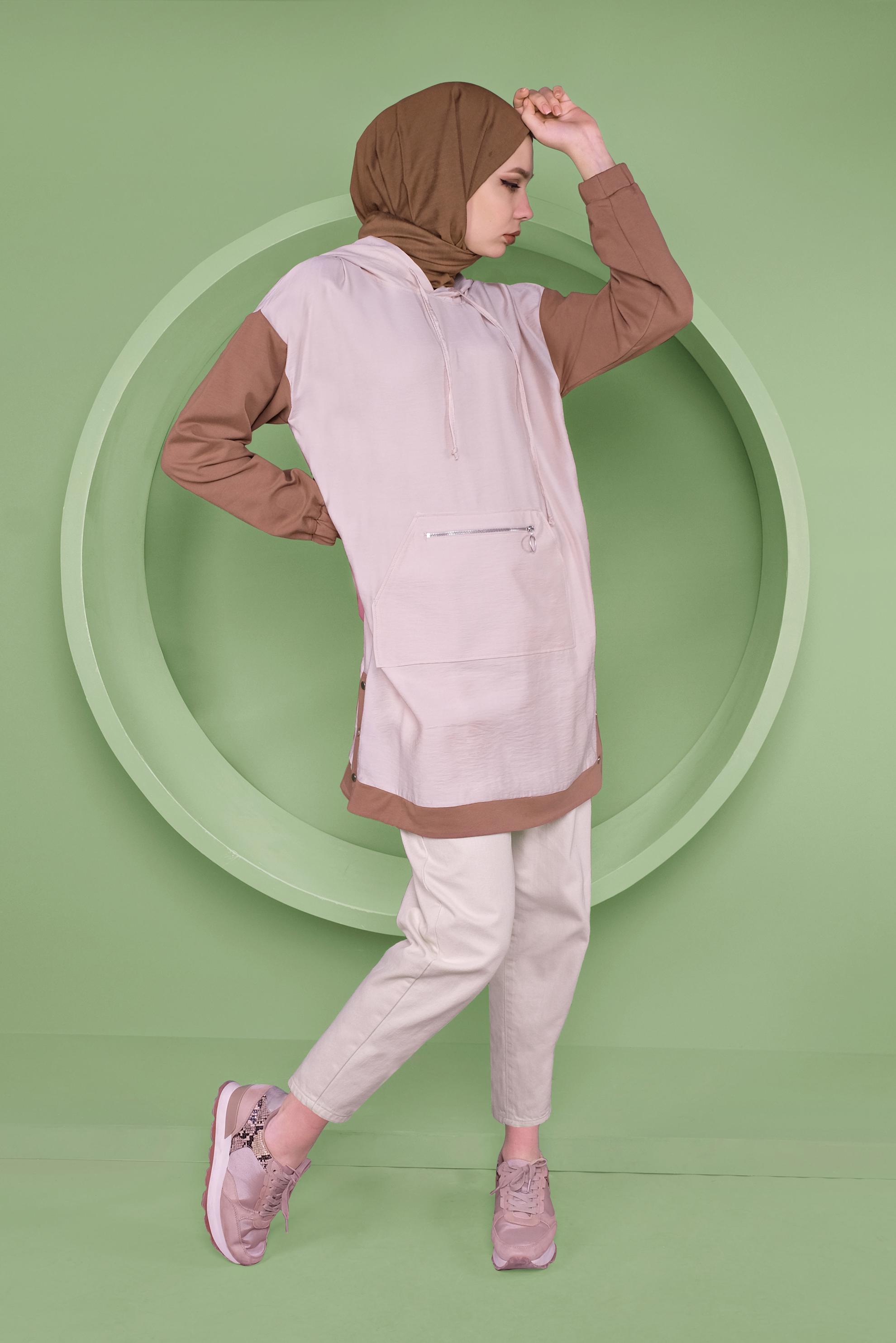 Tesettür giyim BEJ CEPLİ KAPÜŞONLU EŞOFMAN TUNİK 41376