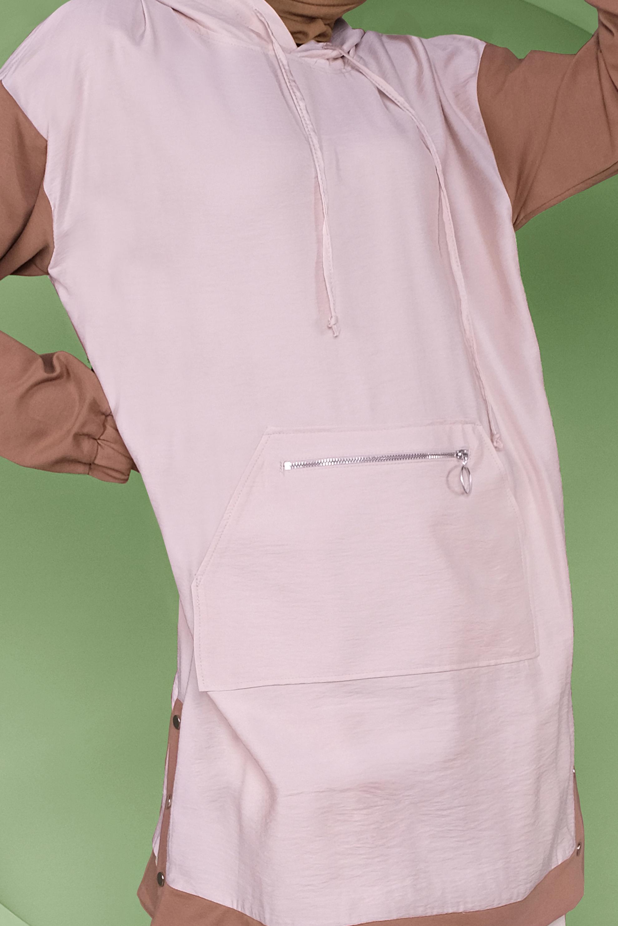 Tesettür giyim BEJ CEPLİ KAPÜŞONLU EŞOFMAN TUNİK 41376