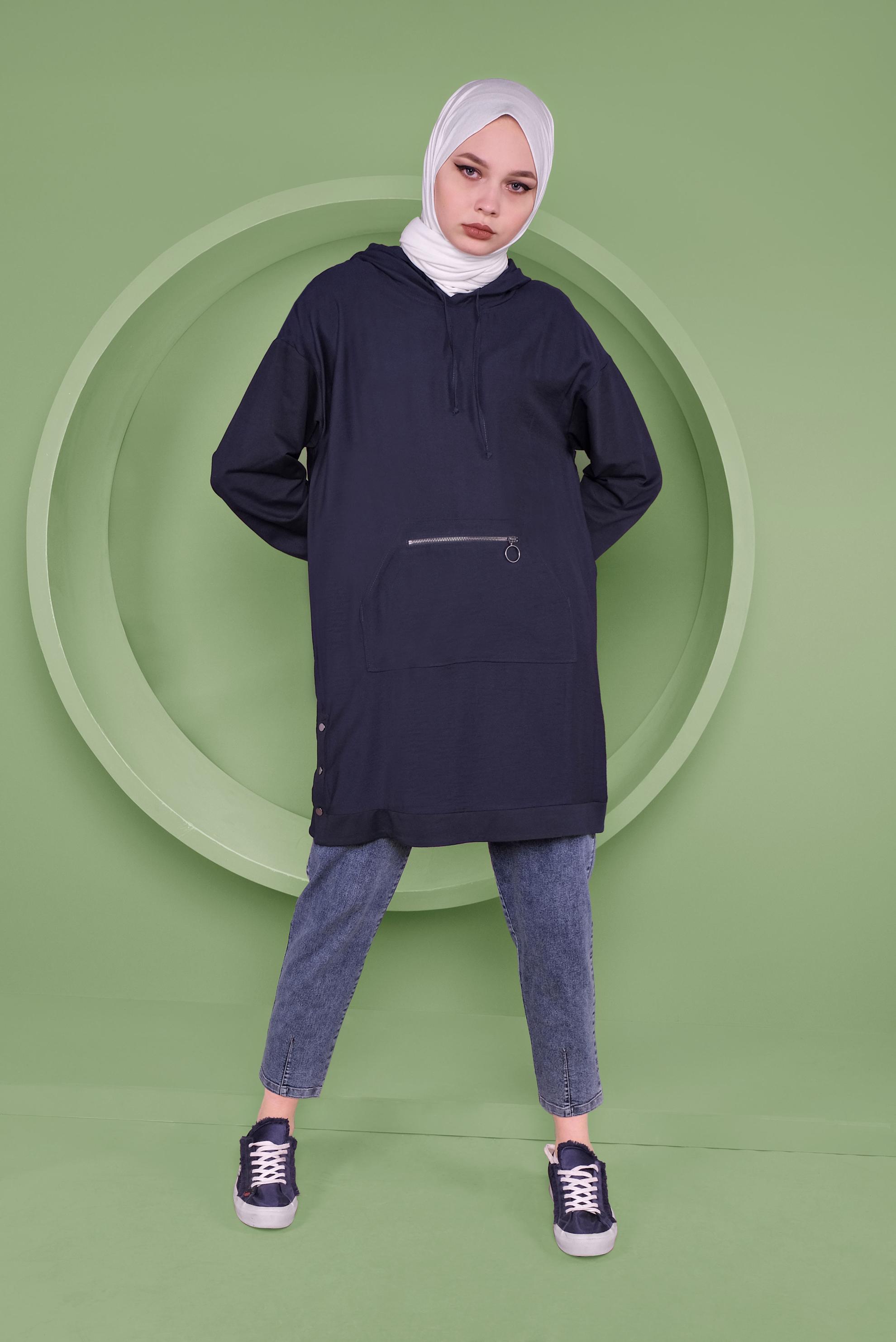 Tesettür giyim LACİVERT CEPLİ KAPÜŞONLU EŞOFMAN TUNİK 41376