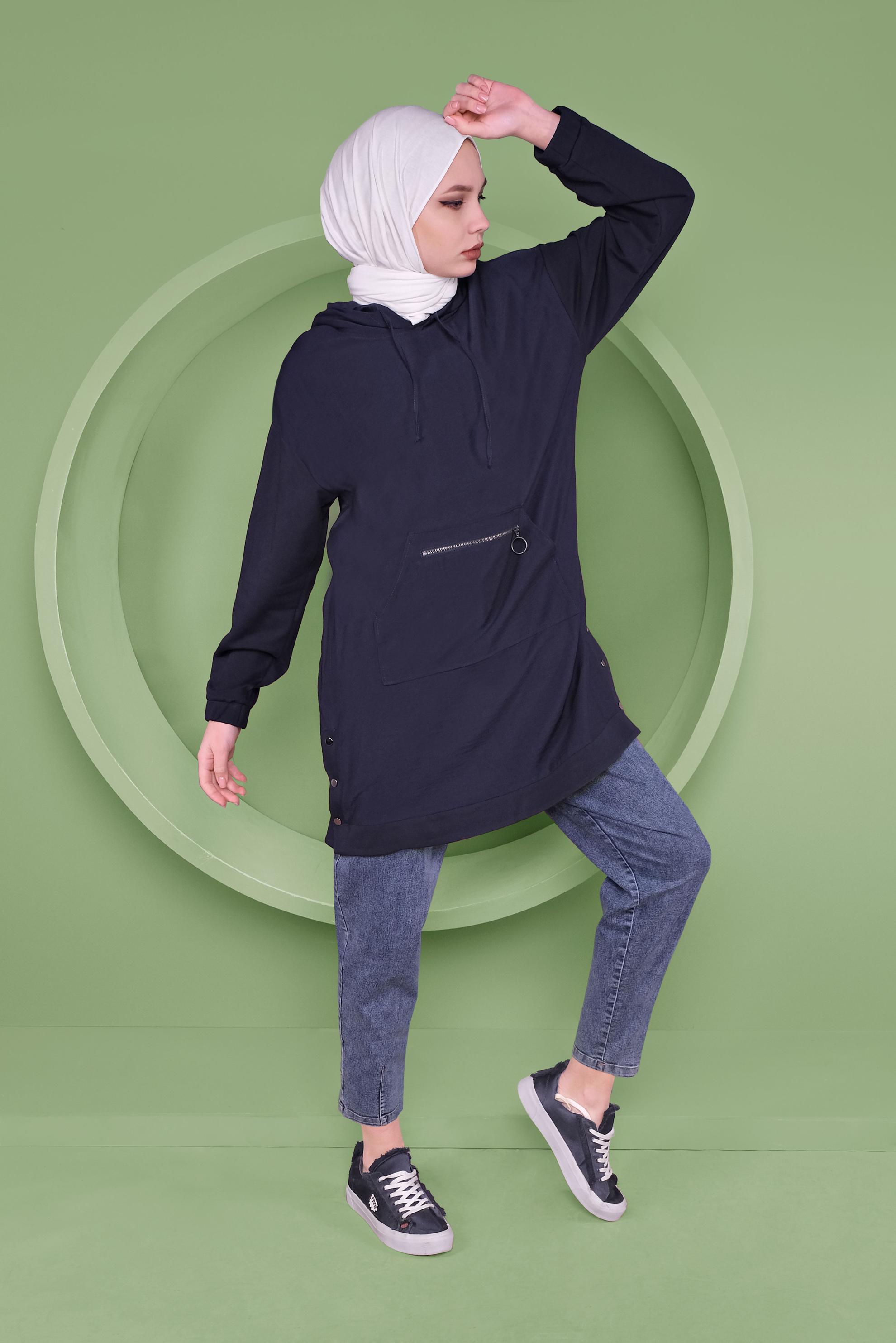 Tesettür giyim LACİVERT CEPLİ KAPÜŞONLU EŞOFMAN TUNİK 41376