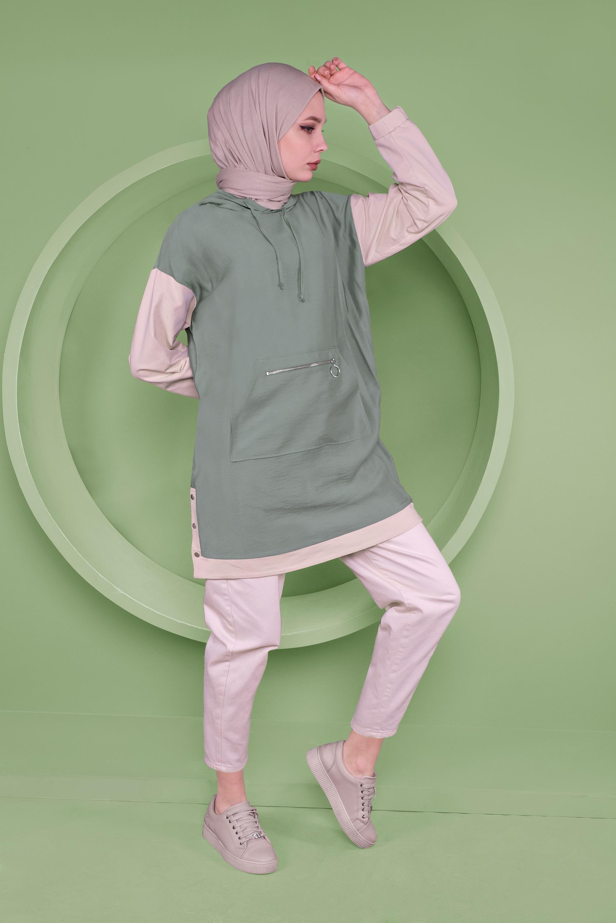 Tesettür giyim YEŞİL CEPLİ KAPÜŞONLU EŞOFMAN TUNİK 41376