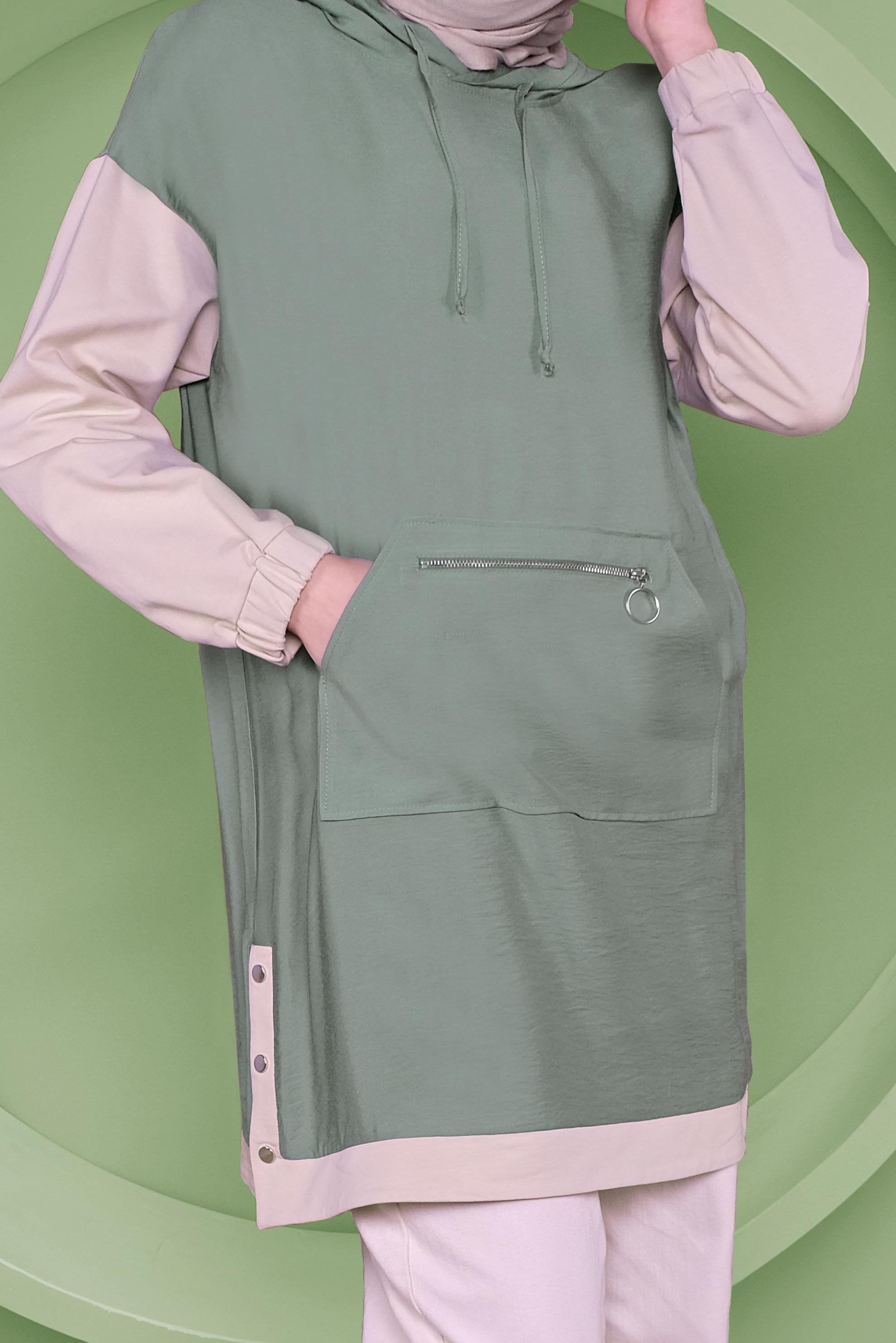 Tesettür giyim YEŞİL CEPLİ KAPÜŞONLU EŞOFMAN TUNİK 41376