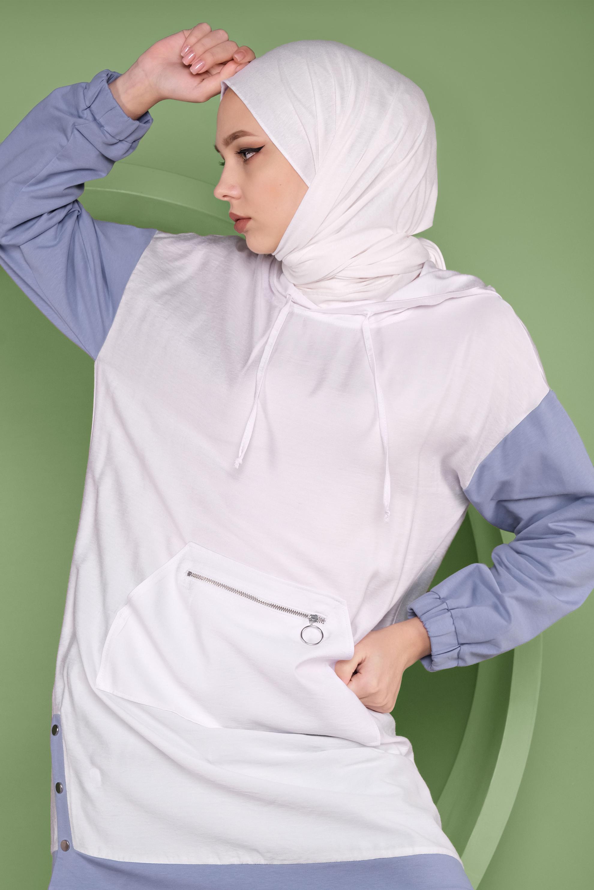 Tesettür giyim BEJ CEPLİ KAPÜŞONLU EŞOFMAN TUNİK 41376