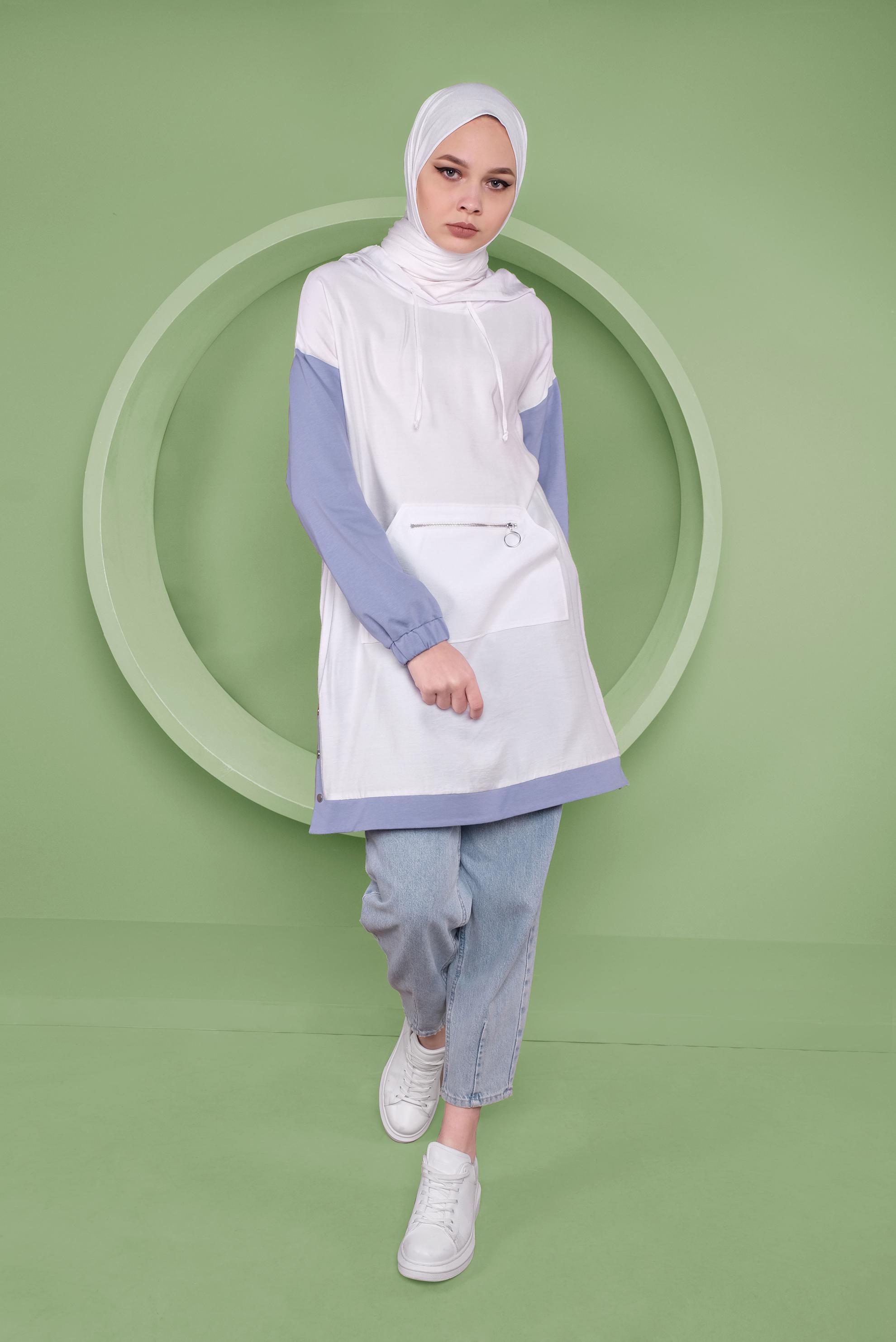 Tesettür giyim BEJ CEPLİ KAPÜŞONLU EŞOFMAN TUNİK 41376