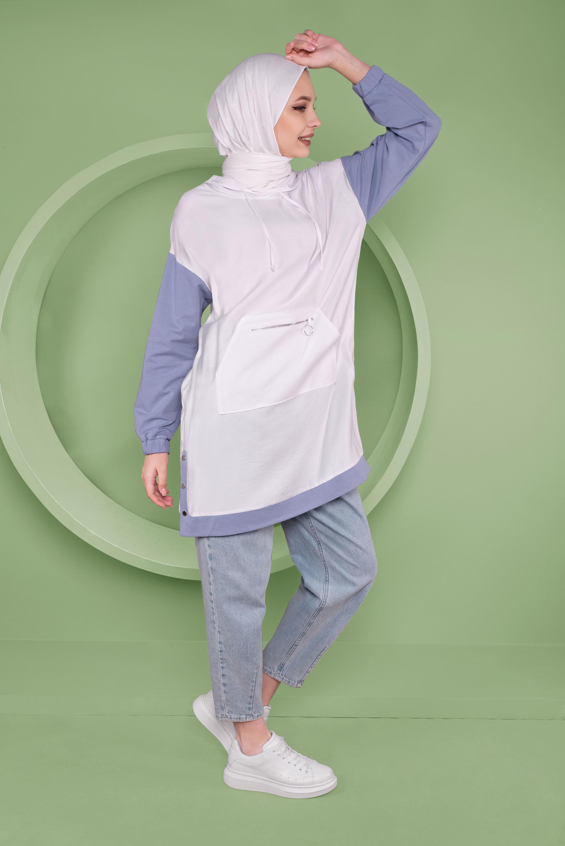 Tesettür giyim BEJ CEPLİ KAPÜŞONLU EŞOFMAN TUNİK 41376