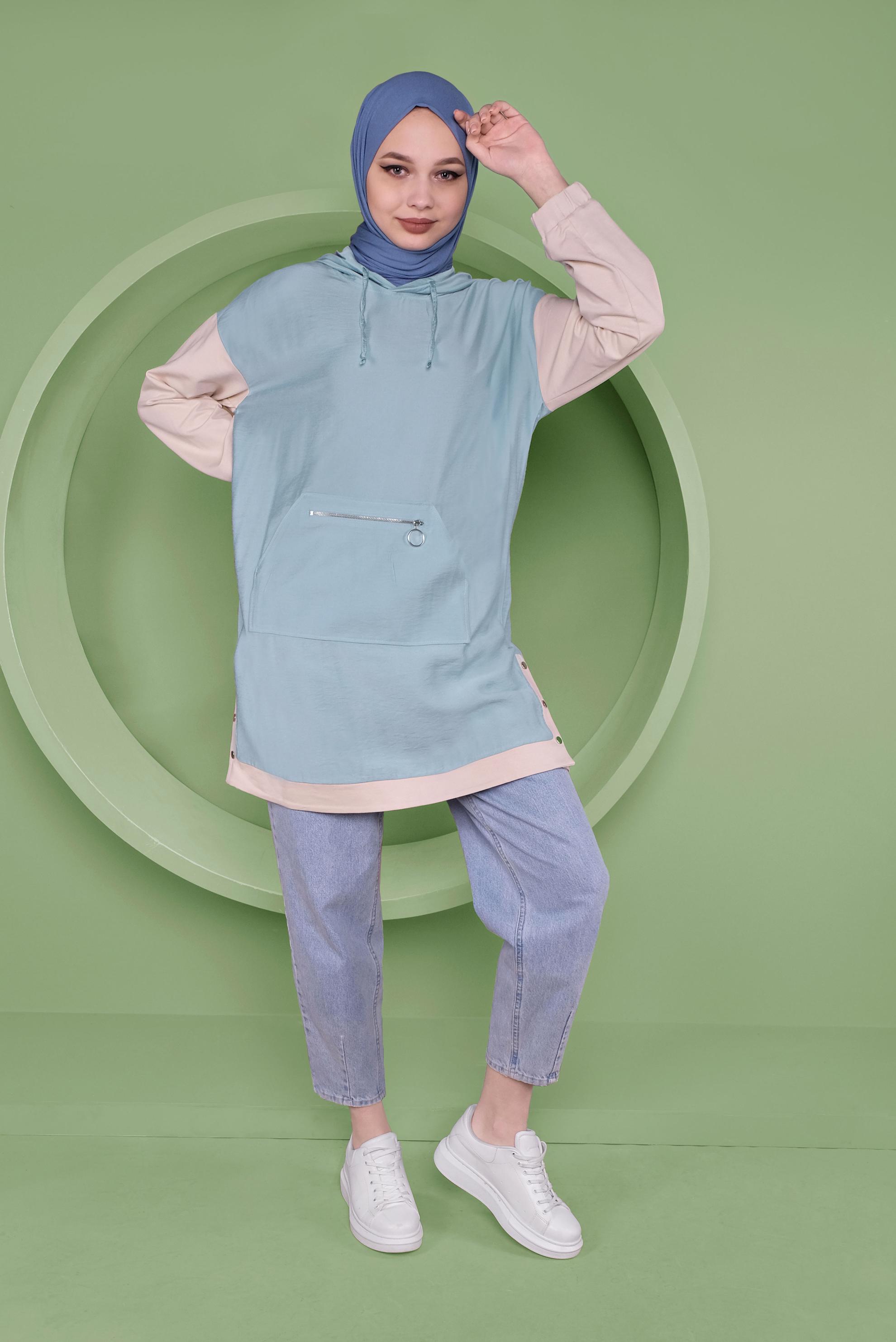 Tesettür giyim MAVİ CEPLİ KAPÜŞONLU EŞOFMAN TUNİK 41376