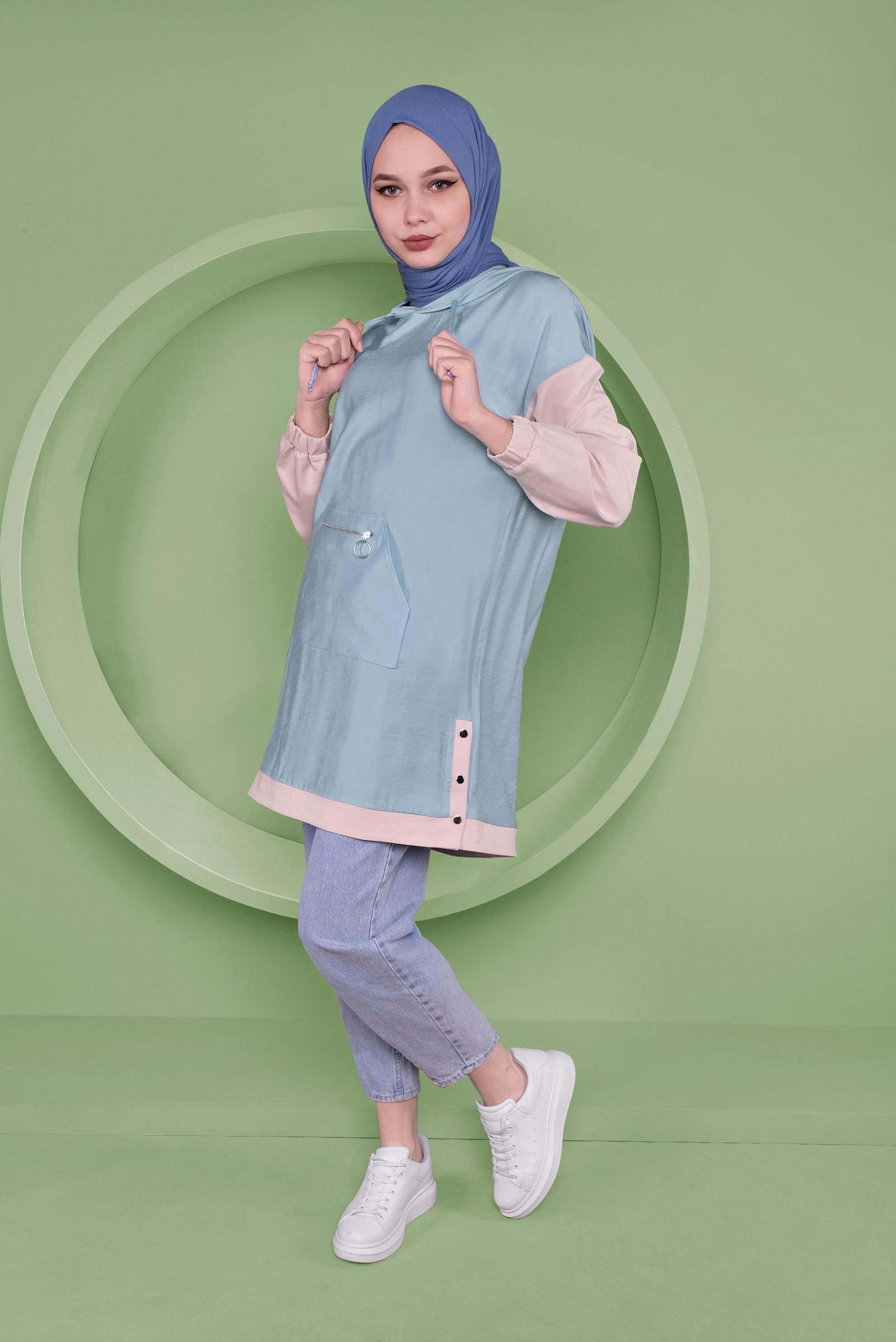 Tesettür giyim MAVİ CEPLİ KAPÜŞONLU EŞOFMAN TUNİK 41376