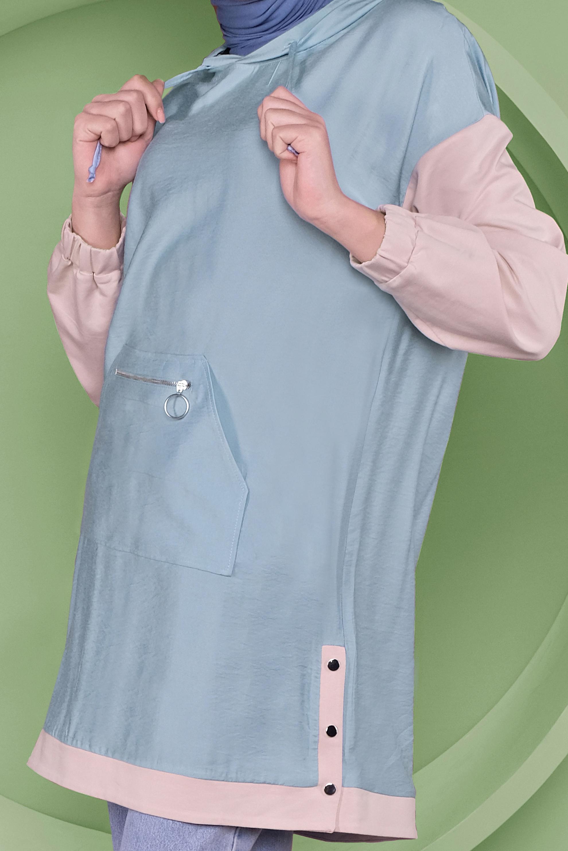 Tesettür giyim MAVİ CEPLİ KAPÜŞONLU EŞOFMAN TUNİK 41376