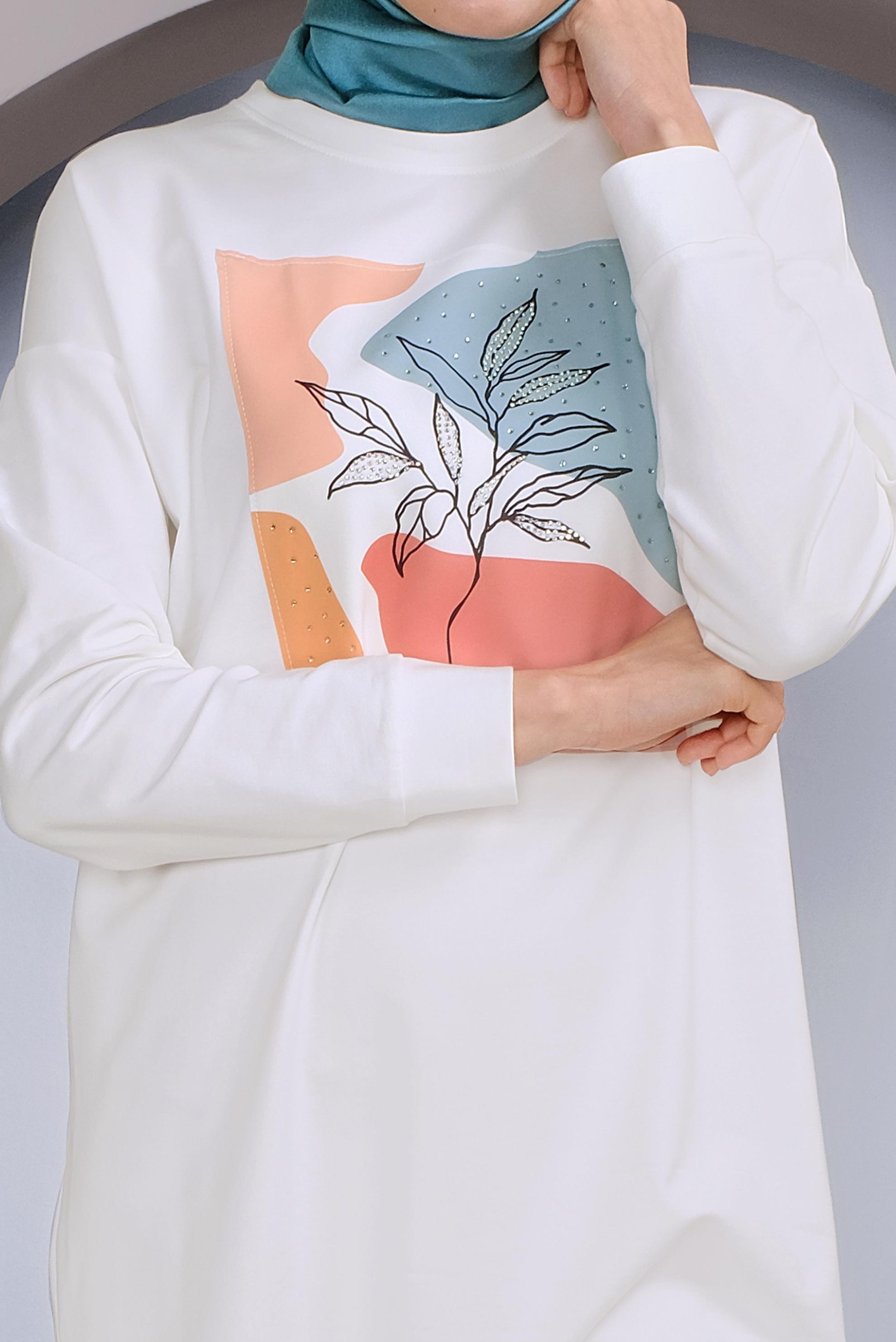 Tesettür giyim BEYAZ BASKI DETAYLI EŞOFMAN TUNİK 41393