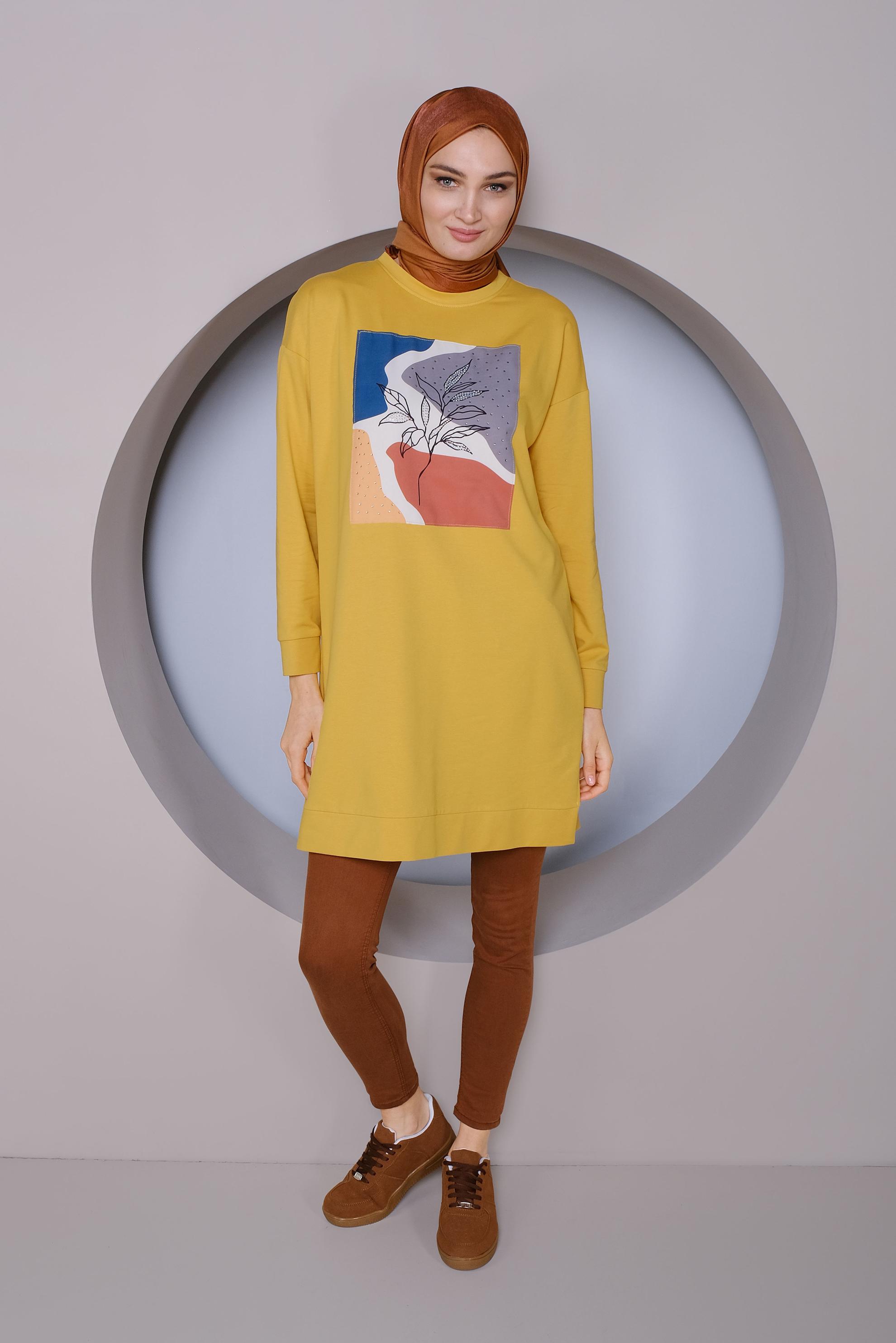 Tesettür giyim SARI BASKI DETAYLI EŞOFMAN TUNİK 41393