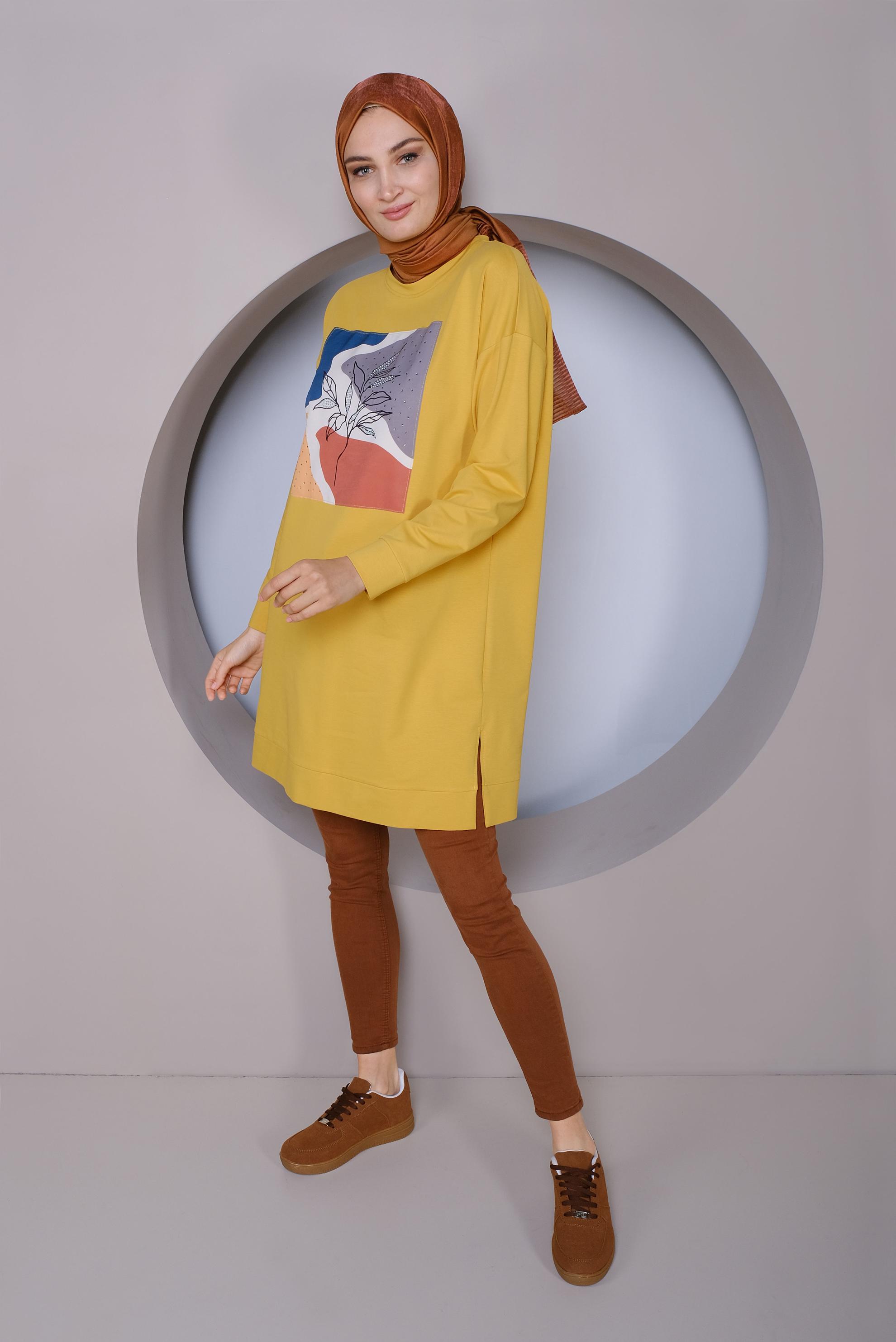 Tesettür giyim SARI BASKI DETAYLI EŞOFMAN TUNİK 41393