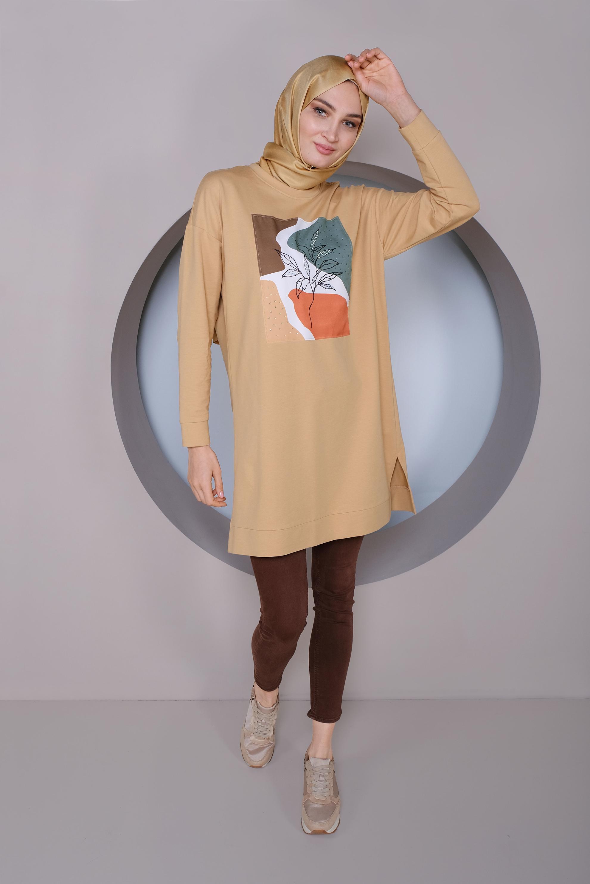 Tesettür giyim KAHVE BASKI DETAYLI EŞOFMAN TUNİK 41393