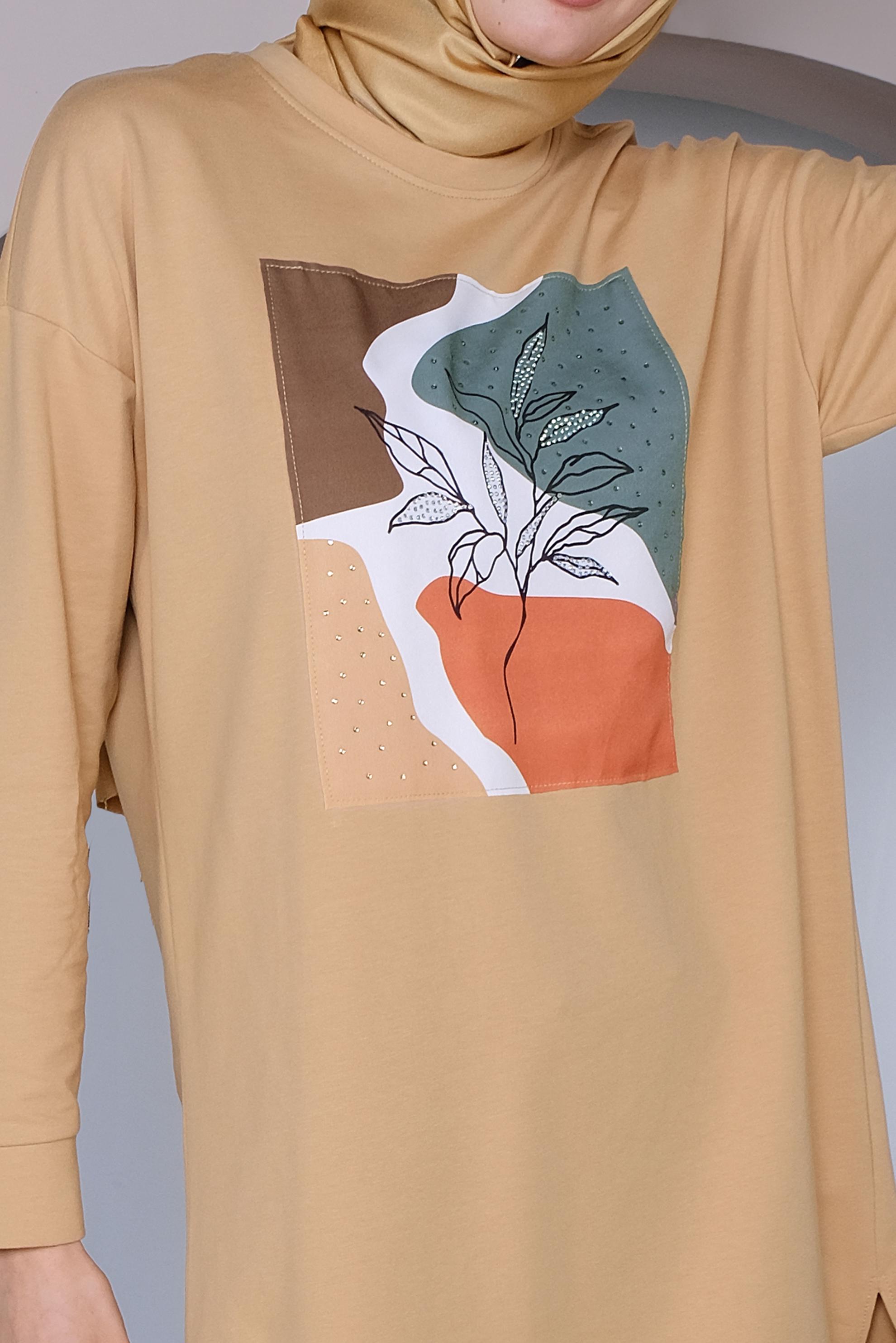 Tesettür giyim KAHVE BASKI DETAYLI EŞOFMAN TUNİK 41393