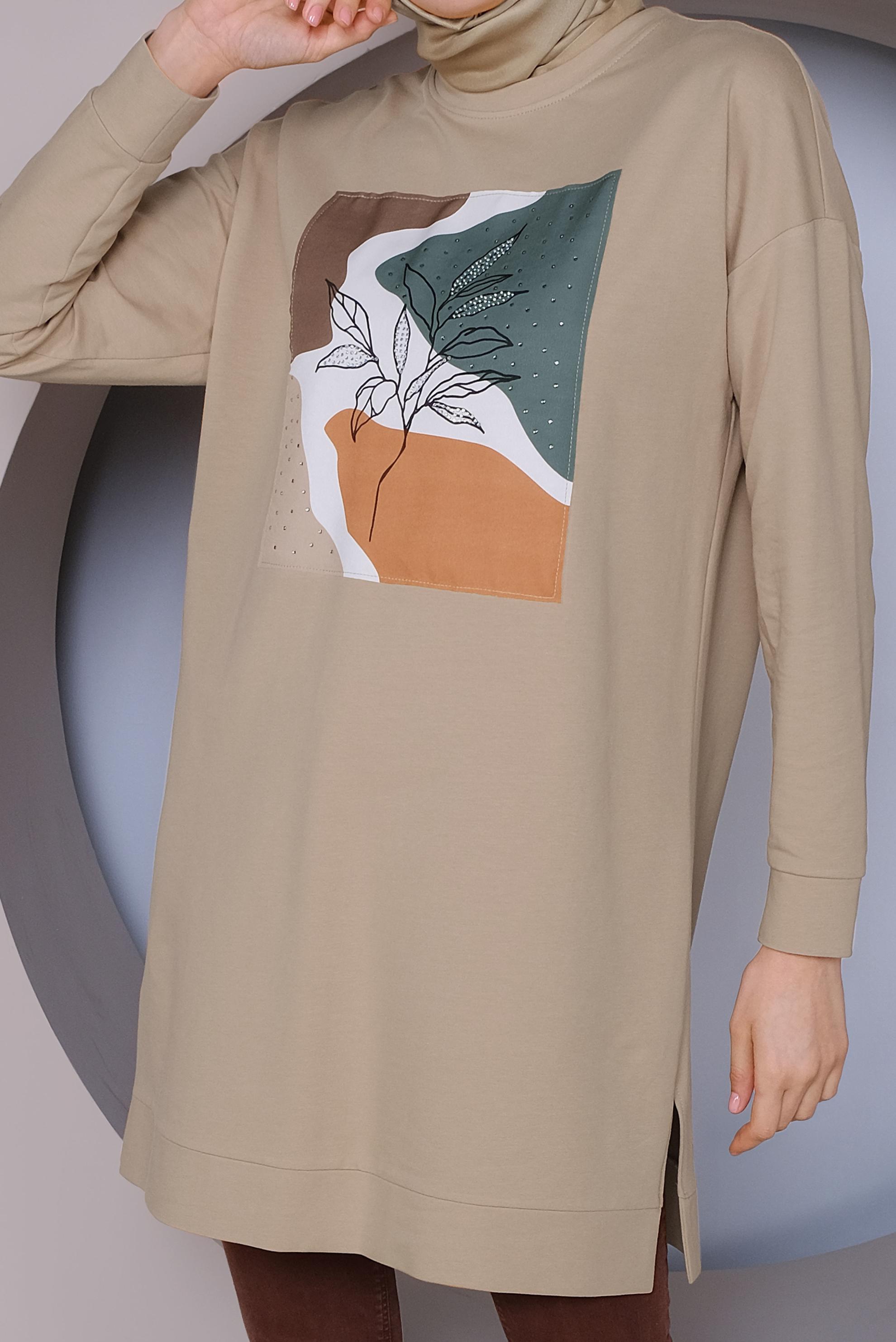 Tesettür giyim BEJ BASKI DETAYLI EŞOFMAN TUNİK 41393