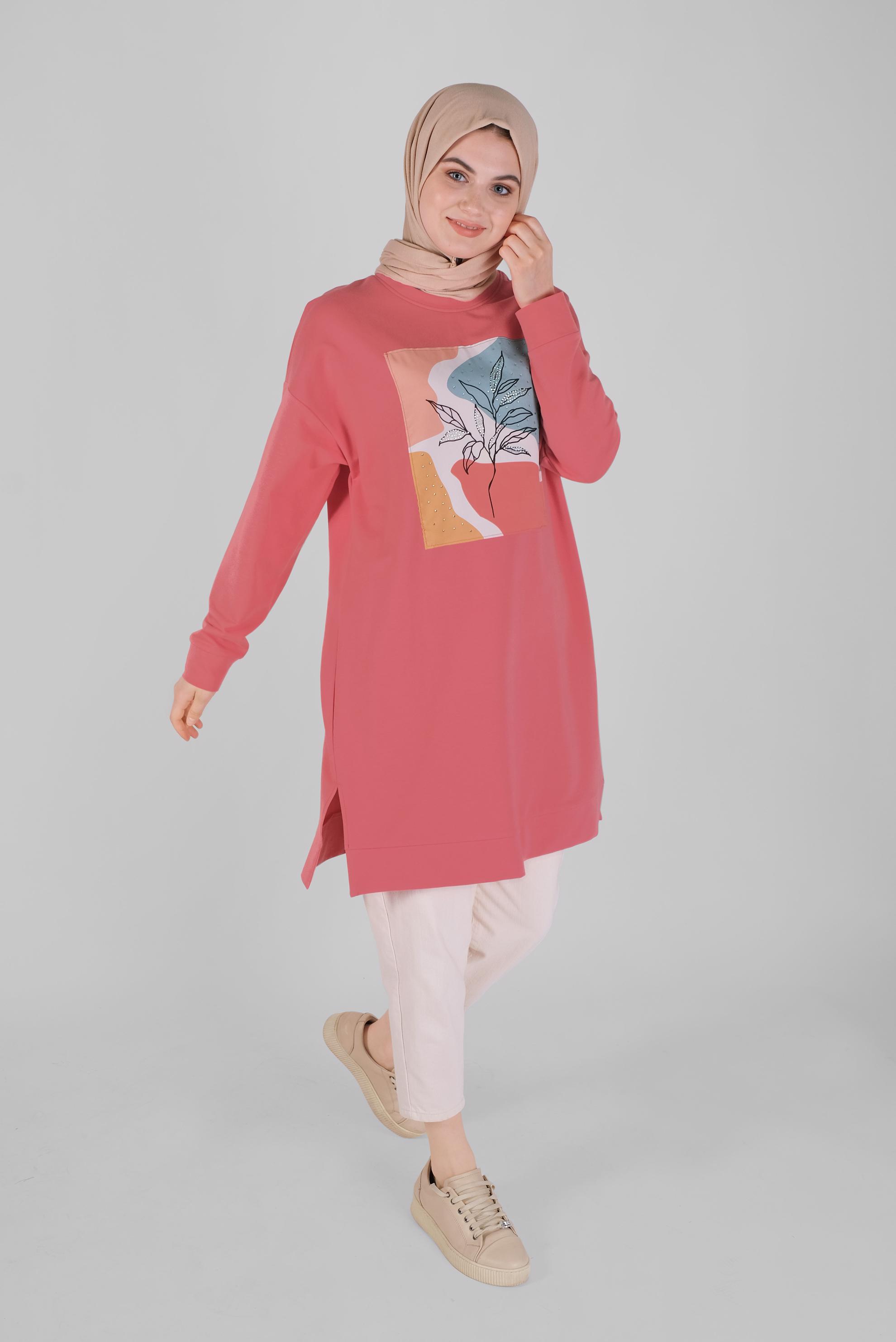 Tesettür giyim MERCAN BASKI DETAYLI EŞOFMAN TUNİK 41393