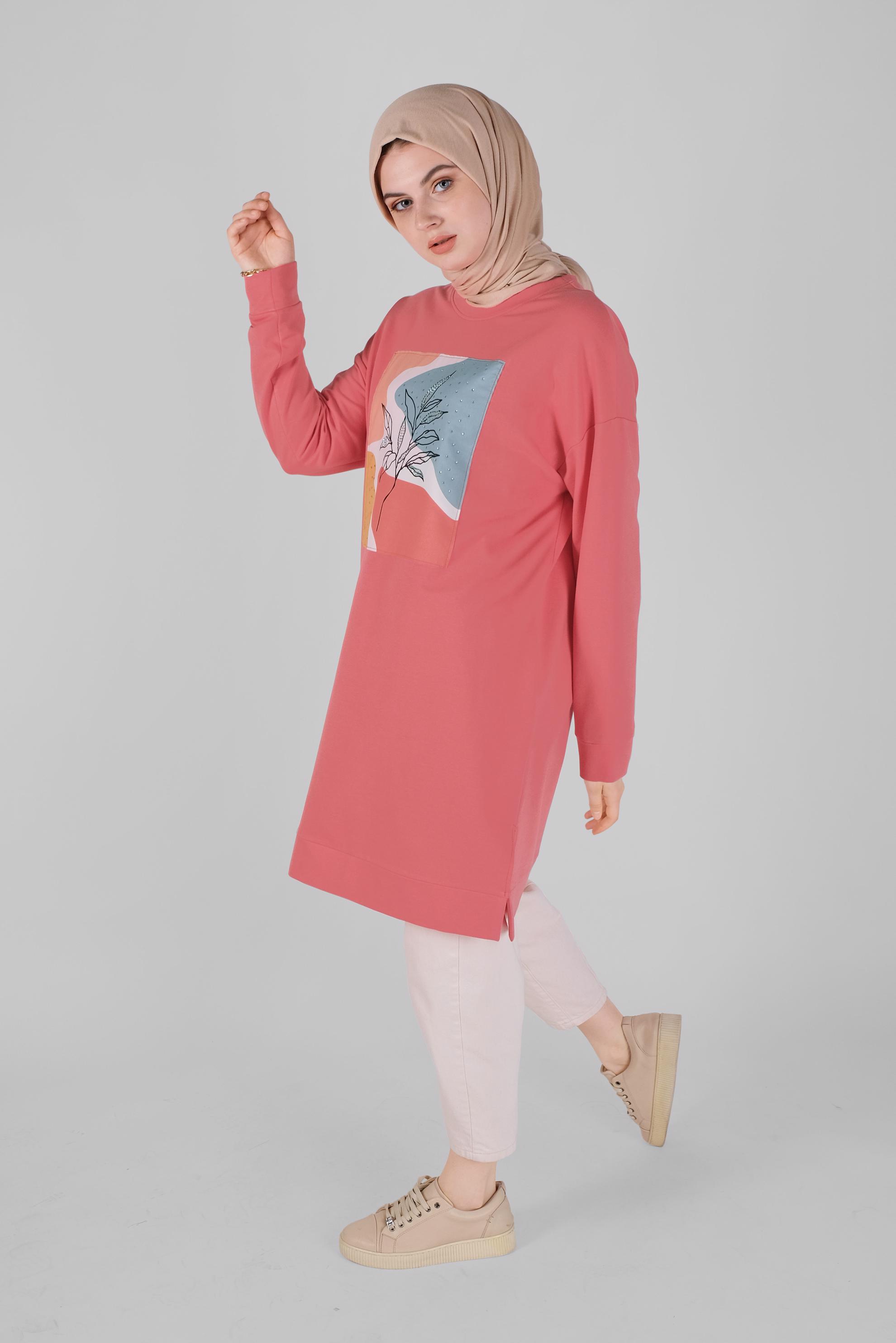 Tesettür giyim MERCAN BASKI DETAYLI EŞOFMAN TUNİK 41393