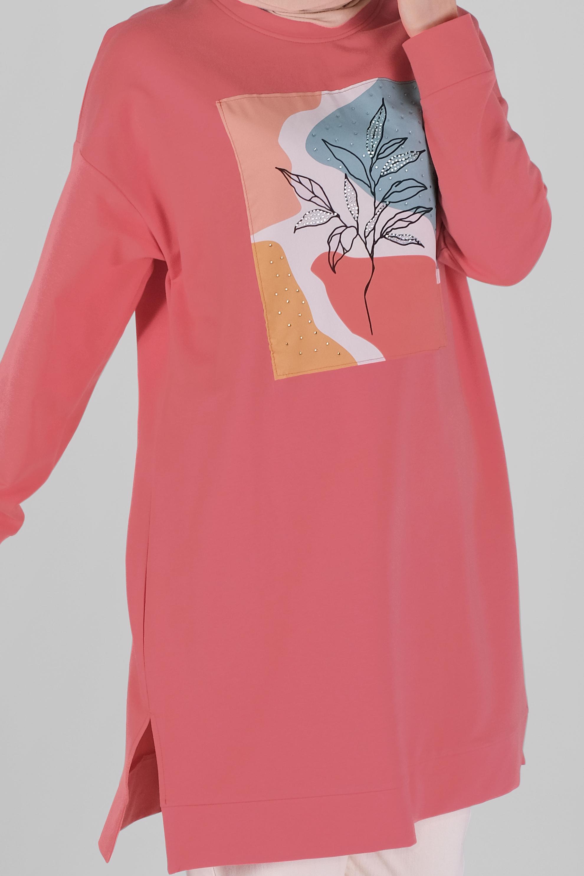 Tesettür giyim MERCAN BASKI DETAYLI EŞOFMAN TUNİK 41393