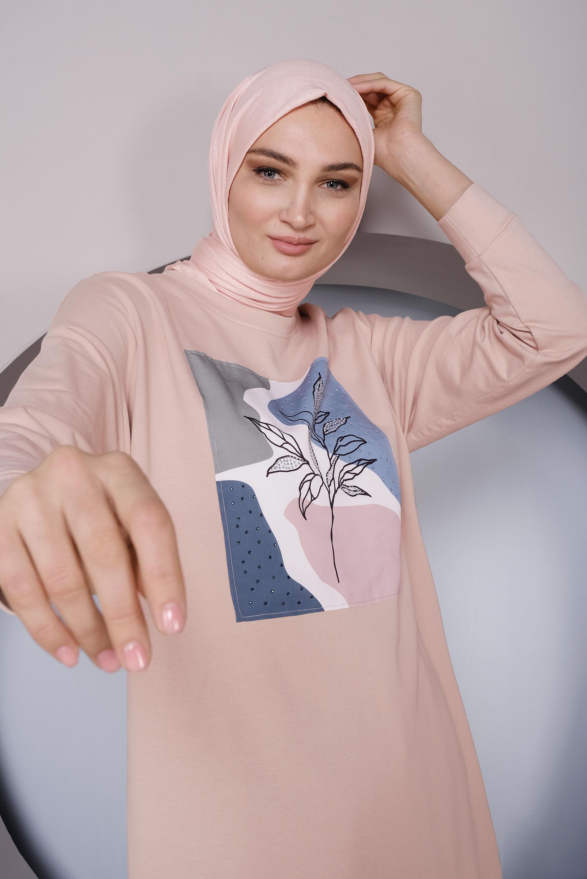 Tesettür giyim PUDRA BASKI DETAYLI EŞOFMAN TUNİK 41393