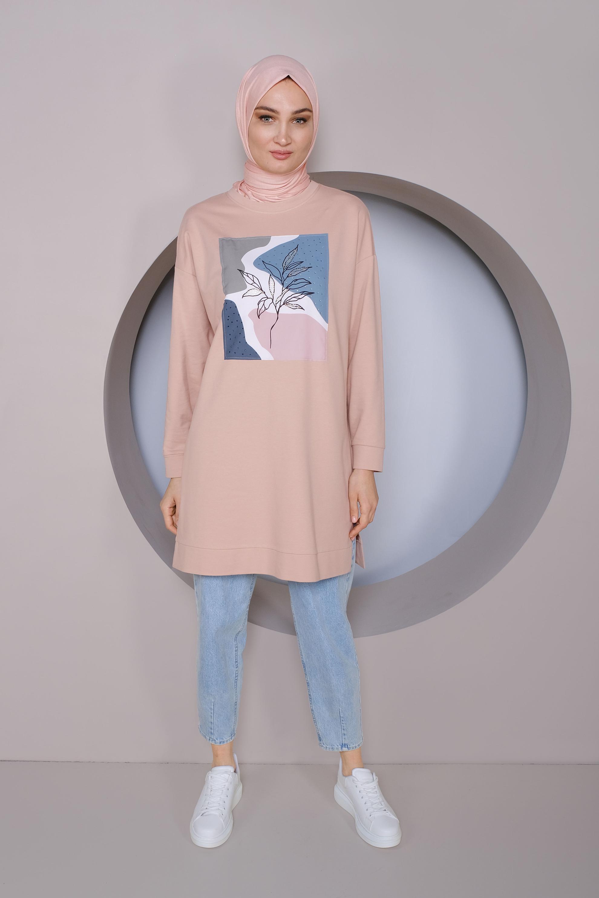 Tesettür giyim PUDRA BASKI DETAYLI EŞOFMAN TUNİK 41393